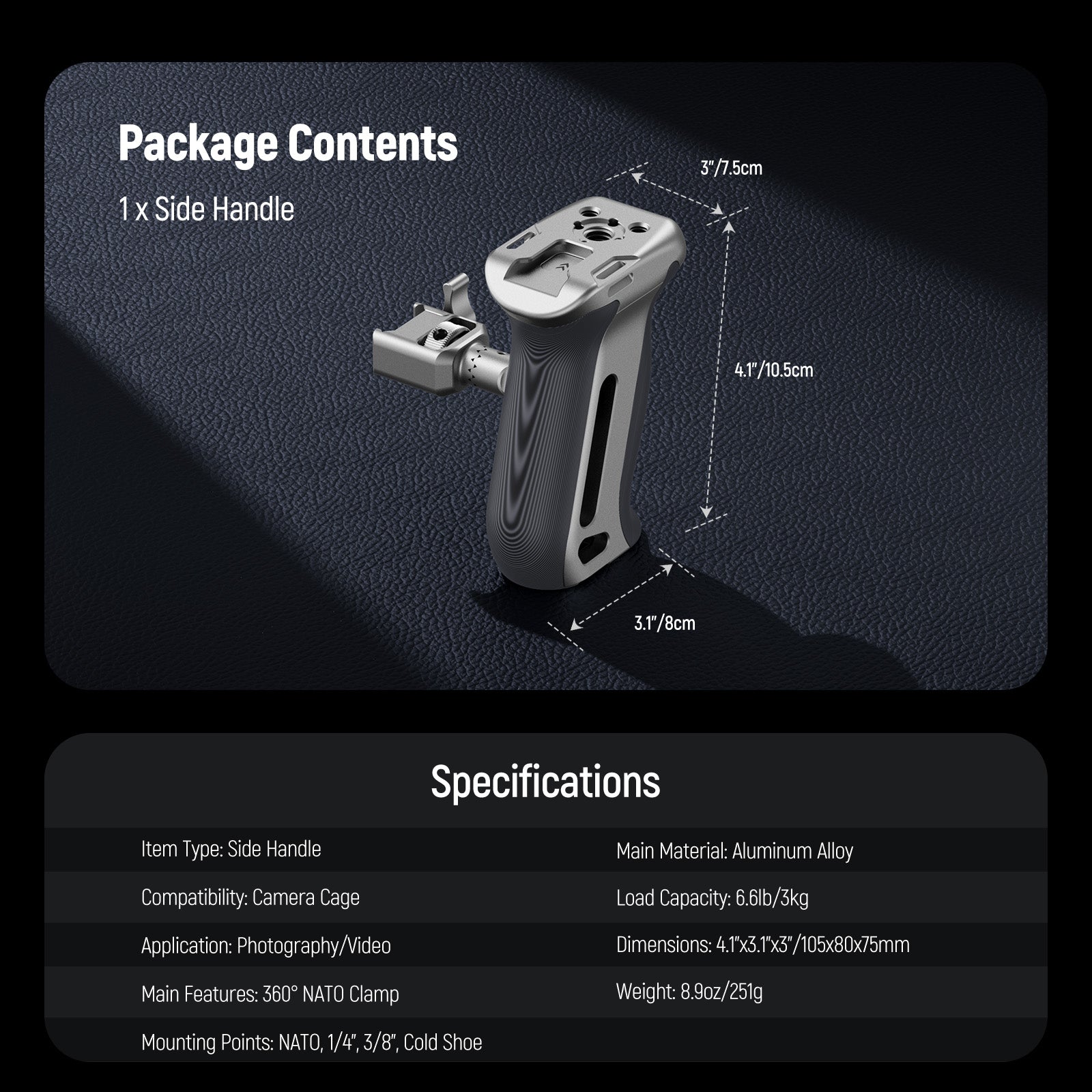 NEEWER CA130 Quick Release Side Handle with NATO Clamp & Micarta Grip - Durable Camera Accessory for DSLR, Mirrorless, and Video Cameras - Perfect for Vlogging, Filmmaking, and Photography