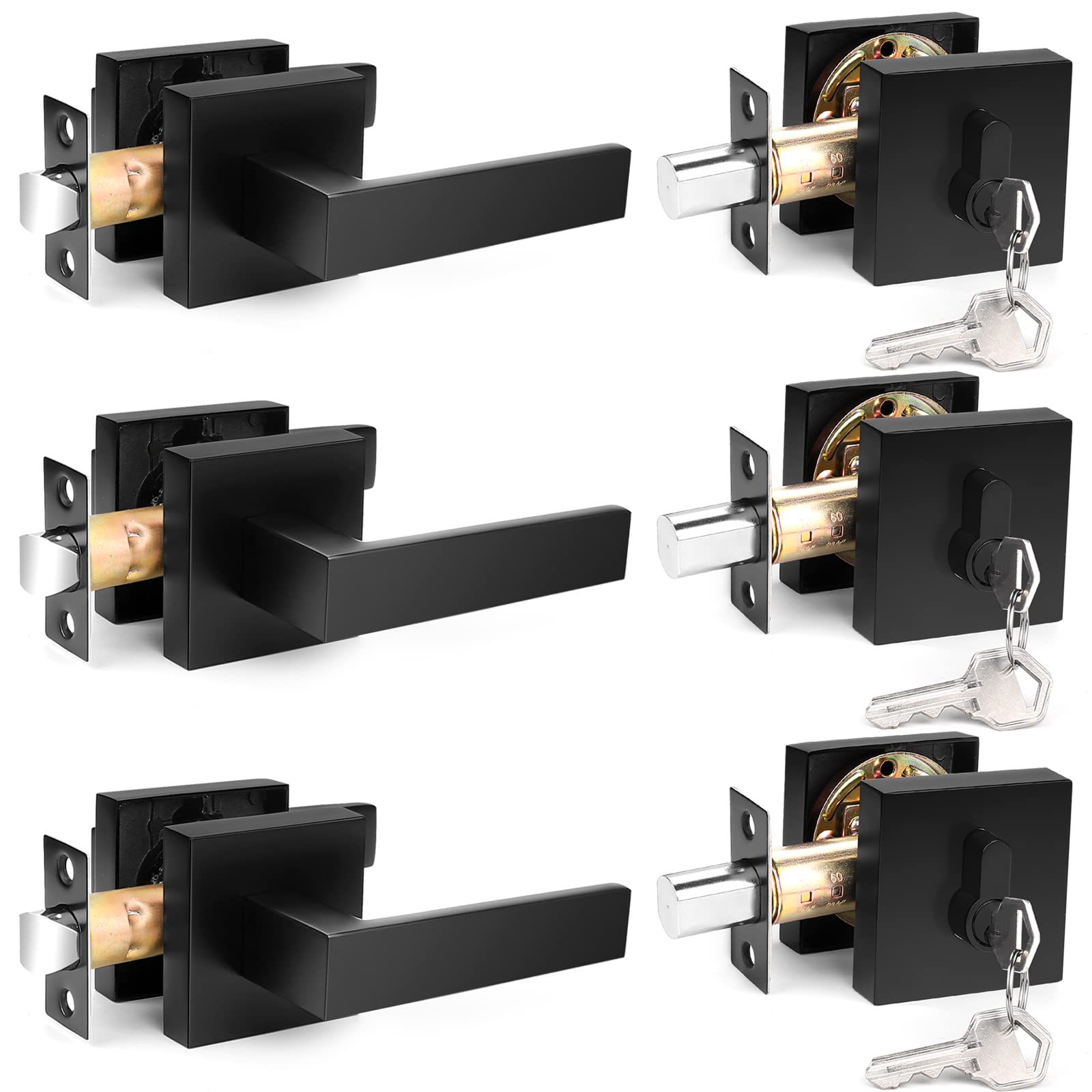 Probrico Modern Square Flat Black Passage Door Lever & Single Cylinder Deadbolt Combo Set - Exterior Door Handleset with 3-Pack Security Lock - Perfect for Home, Office & Commercial Entrance Doors