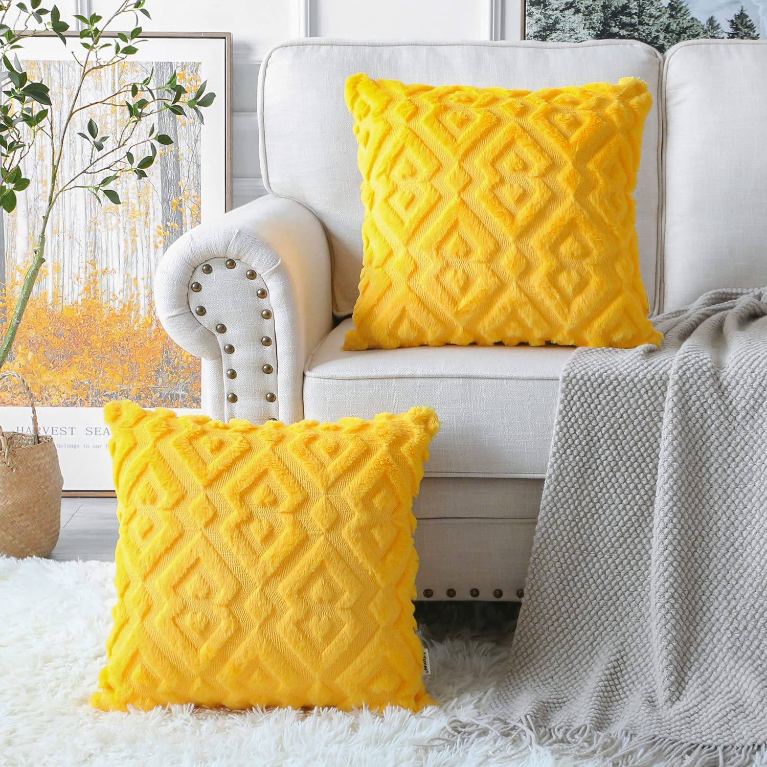 Artscope 2-Pack Soft Plush Short Wool Velvet Decorative Fall Throw Pillow Covers - Luxury European Style Cushion Covers for Sofa & Bedroom - Diamond Pattern in Orange & Yellow (16x16 Inch) - Perfect for Autumn Decor, Living Room Accents & Cozy Home Styling