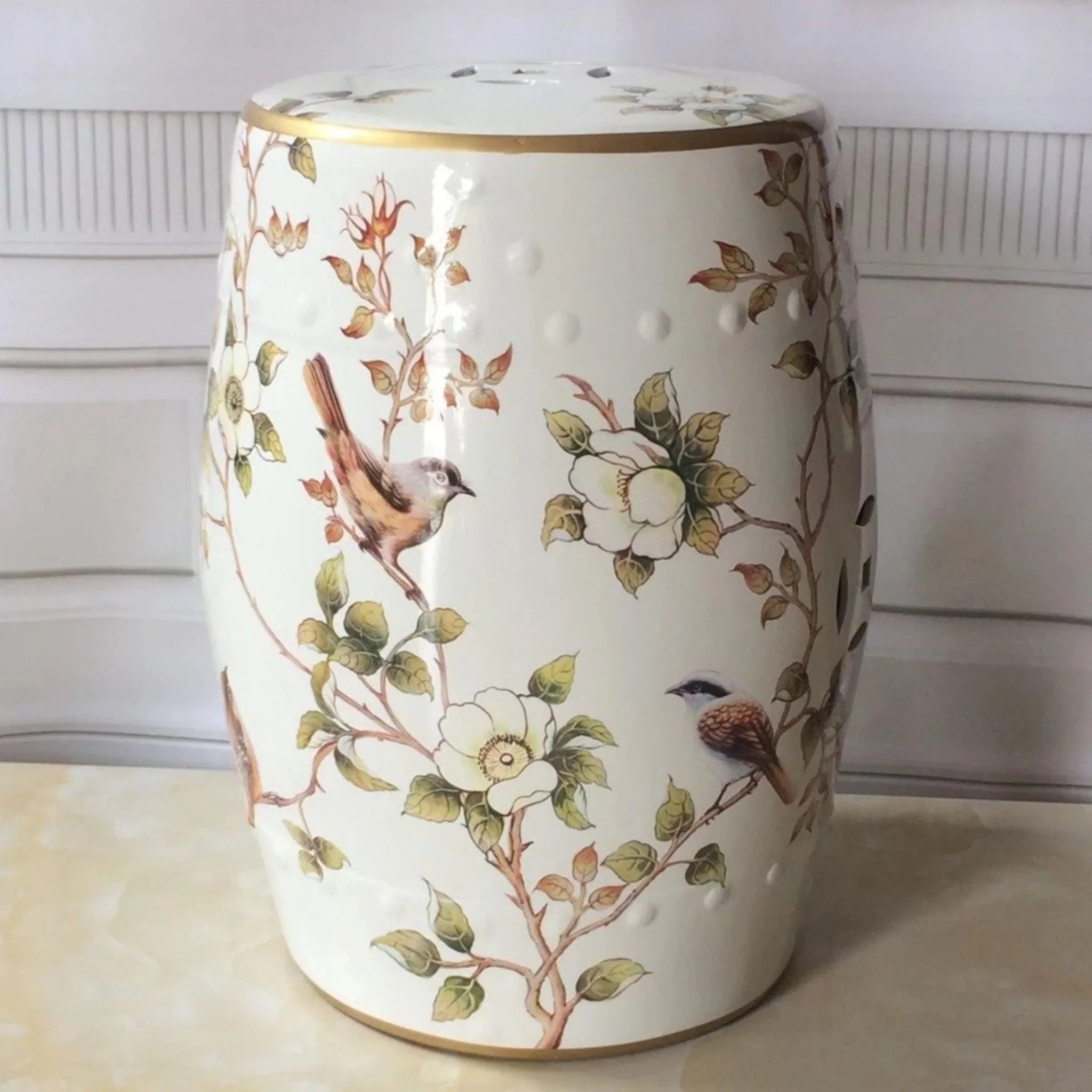 Exquisite Floral & Bird Cream Porcelain Garden Stool - Handcrafted Outdoor Decor for Patio, Garden & Home Décor