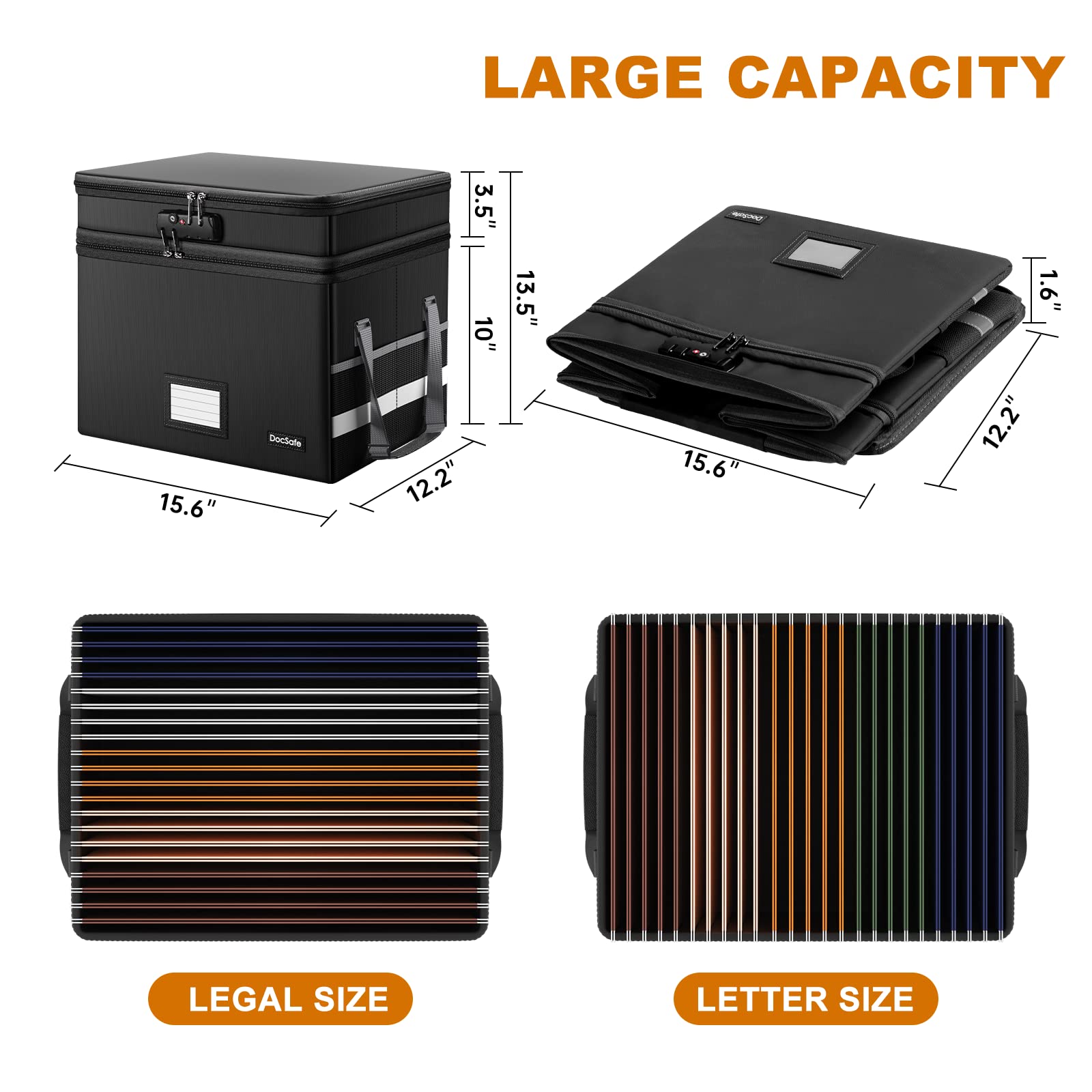 Fireproof Document Box with Lock - Multi-Layer Collapsible File Storage Organizer with Pockets & Handle, Portable Home Office Filing Cabinet for Letter/Legal Size Folders - Ideal for Secure Document Storage at Home or Office (Black)