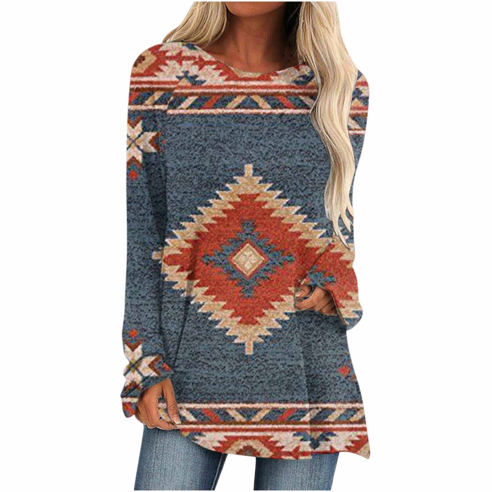 Wirziis Women's Long Sleeve Aztec Print Tunic Top - Western Style Crewneck Loose Blouse for Leggings | Plus Size Casual Shirt for Everyday Wear & Boho Outfits