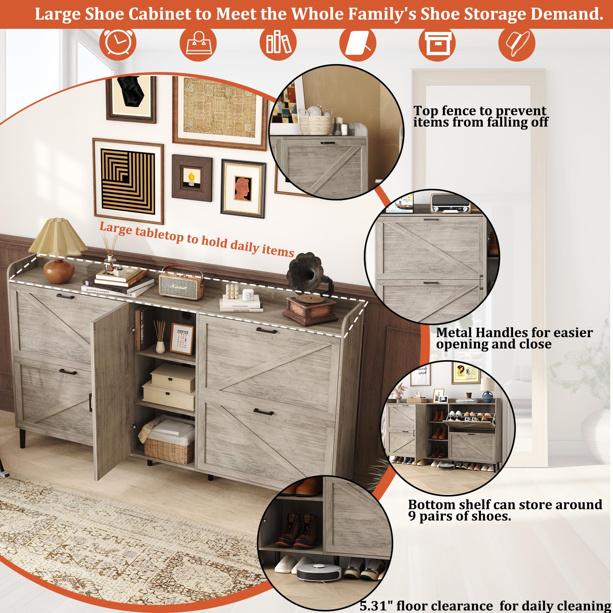 HOMEFORT Large Shoe Cabinet with 4 Flip Drawers - Farmhouse Narrow Entryway Shoe Organizer | Adjustable Side Cabinet for Boot Storage | 6 Wood Legs in Washed Gray | Perfect for Small Spaces, Hallways & Mudrooms