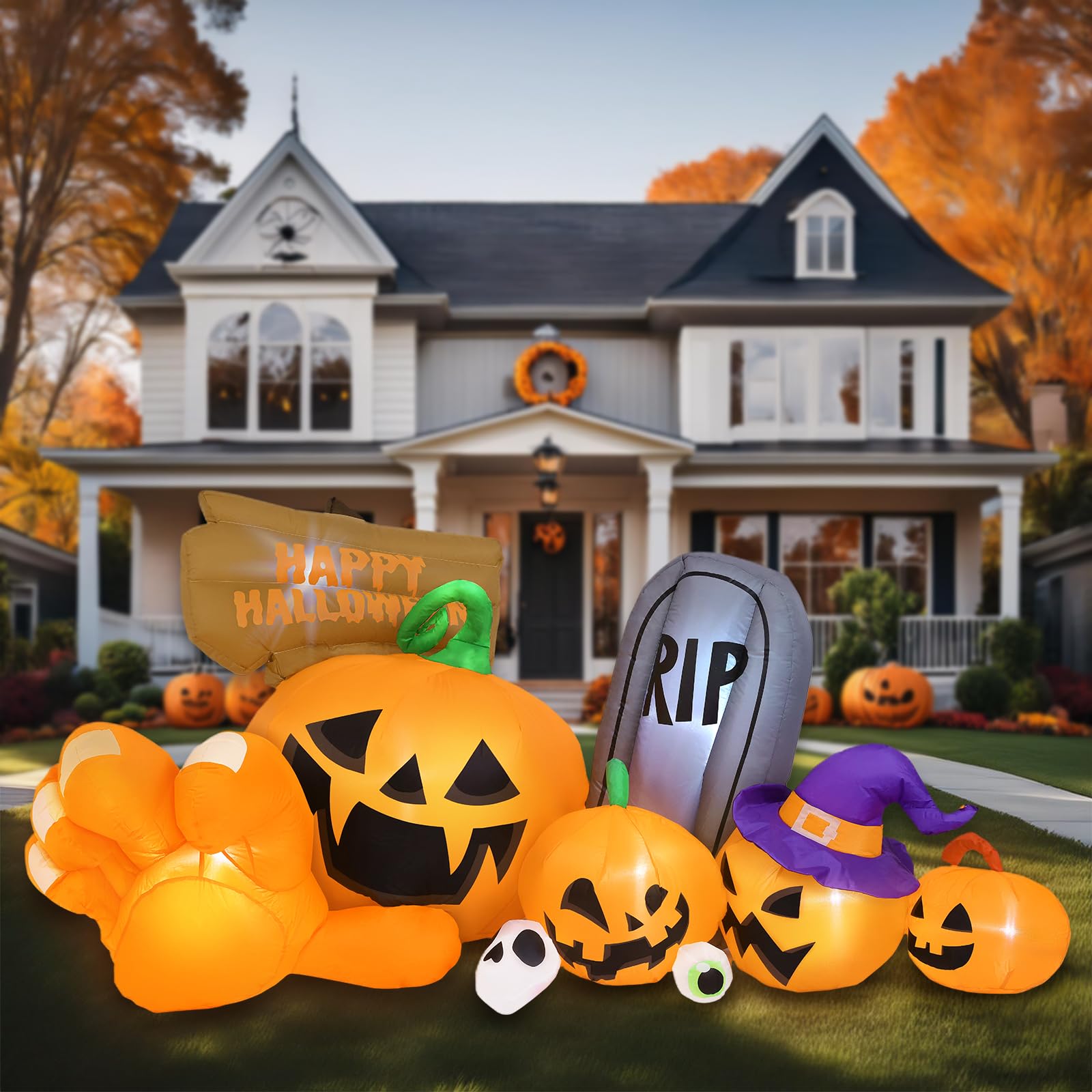 Garma 6.2 FT Halloween Inflatable Pumpkin Outdoor Decor with Built-in LED Lights, Gravestone & Witch Hat - Perfect for Halloween Party, Yard, Lawn, Garden, and Indoor Decorations | Spooky Holiday Atmosphere Creation
