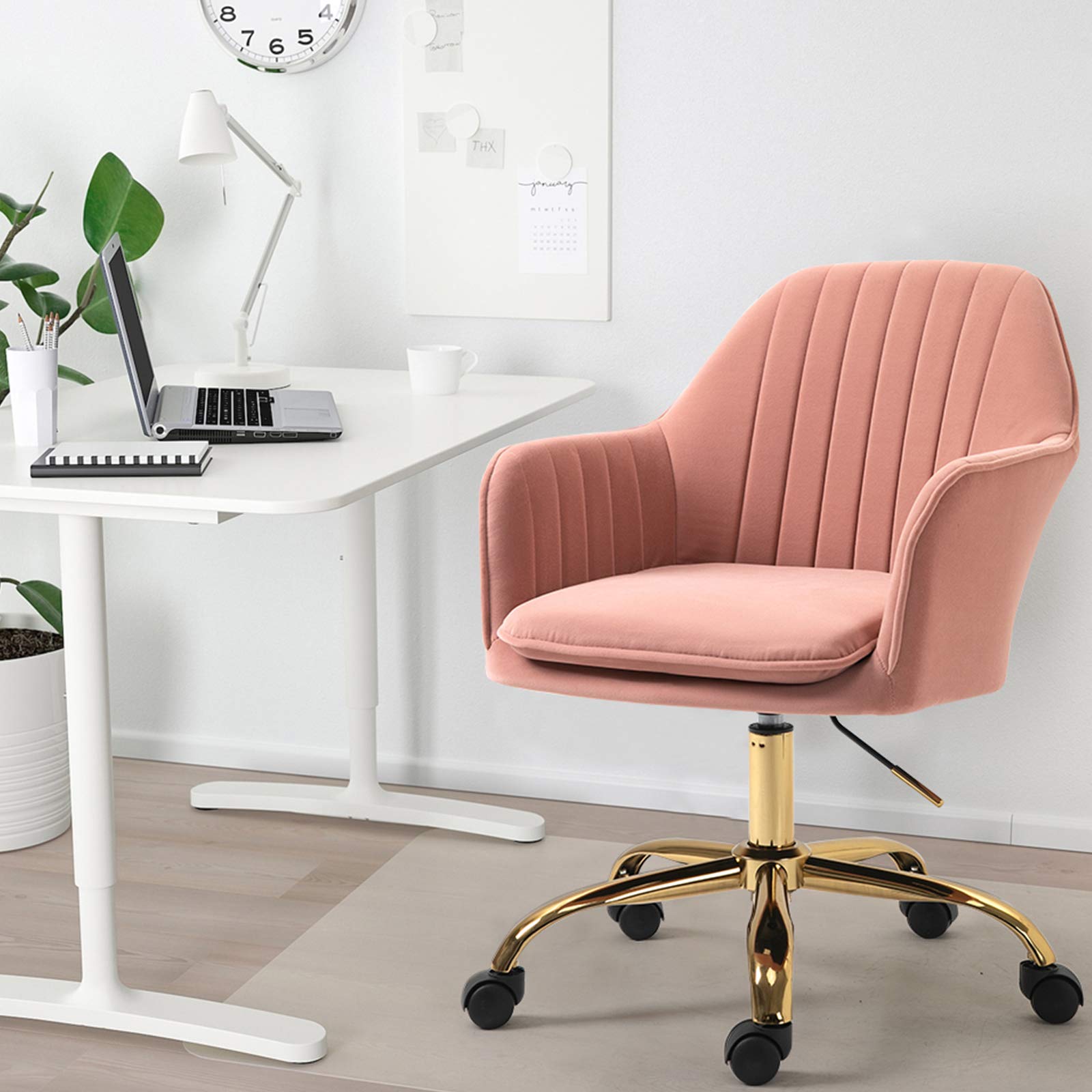 HOMHUM Pink Mid-Back Office Chair - Adjustable Swivel Vanity Chair with Arms & Gold Metal Base, 360° Rolling Wheels for Home Office, Bedroom, Dressing Room & Study - Ergonomic Comfort for Working & Makeup