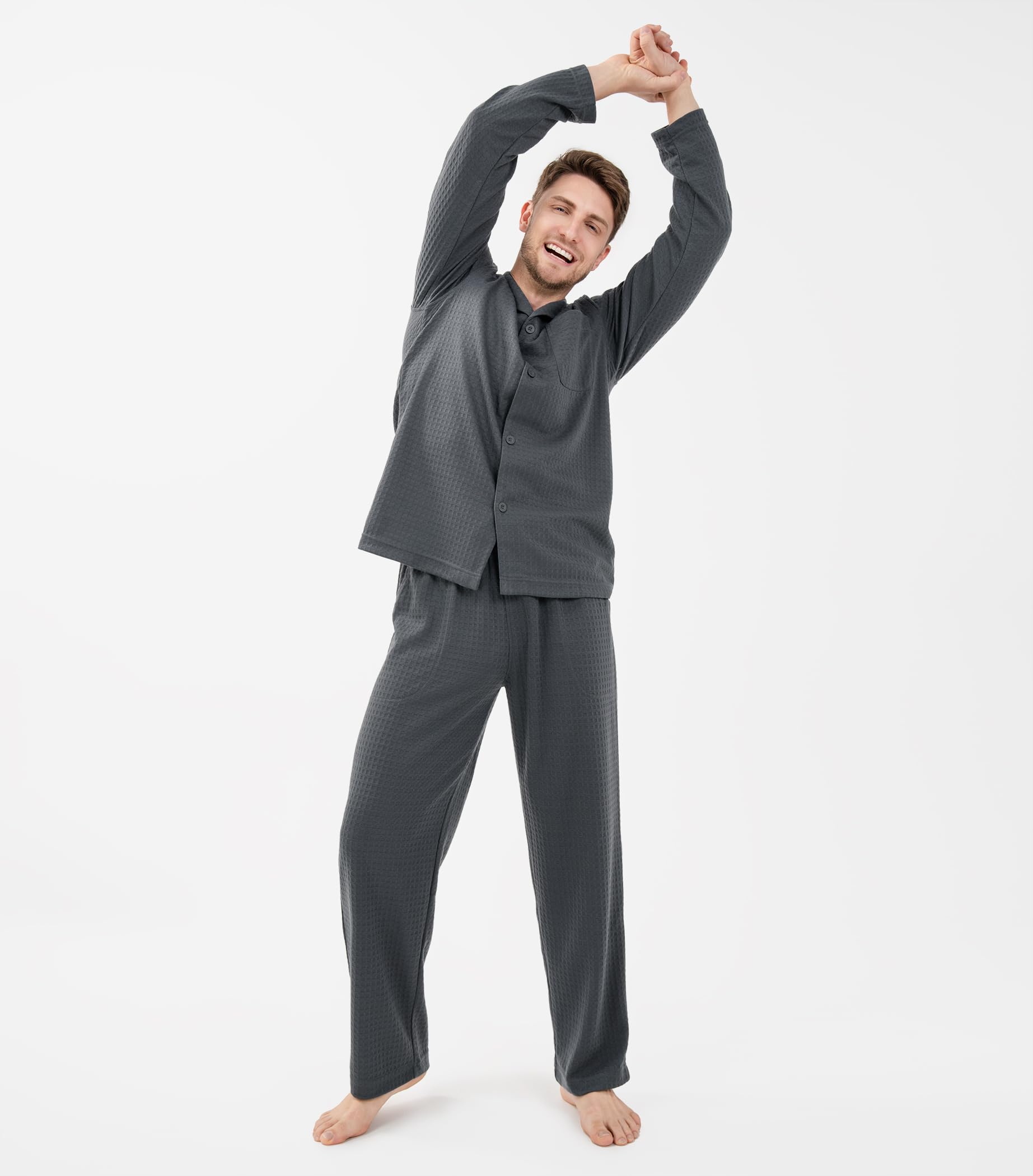 DAVID ARCHY Men's Waffle Knit Pajama Set - Soft & Warm Sleepwear with Notched Collar & Roomy Pockets - Cozy Loungewear for Winter Nights, Relaxing at Home & Gift Giving