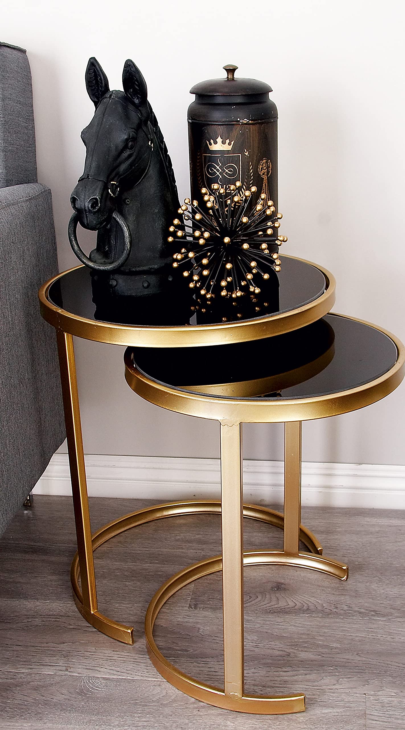 Deco 79 Round Metal Nesting End Tables with Black Glass Top - Set of 3 (21