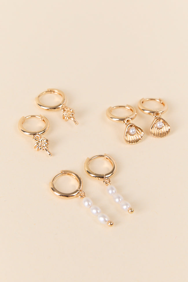 Gold Sea Life Pearl Trio Earrings - 14K Gold Plated Stud Earrings with Pearl Accents for Women | Perfect for Beach Weddings, Vacation Jewelry & Everyday Elegance