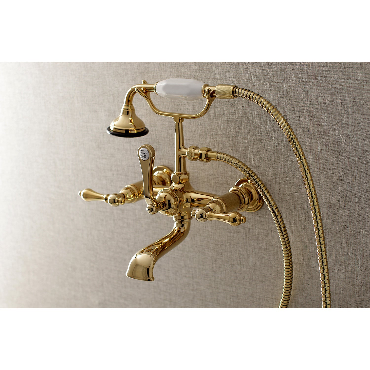 Vintage AE551T2 Polished Brass 3-Handle Wall Mount Clawfoot Tub Faucet with Hand Shower - Perfect for Bathroom Renovation & Luxury Spa Experience