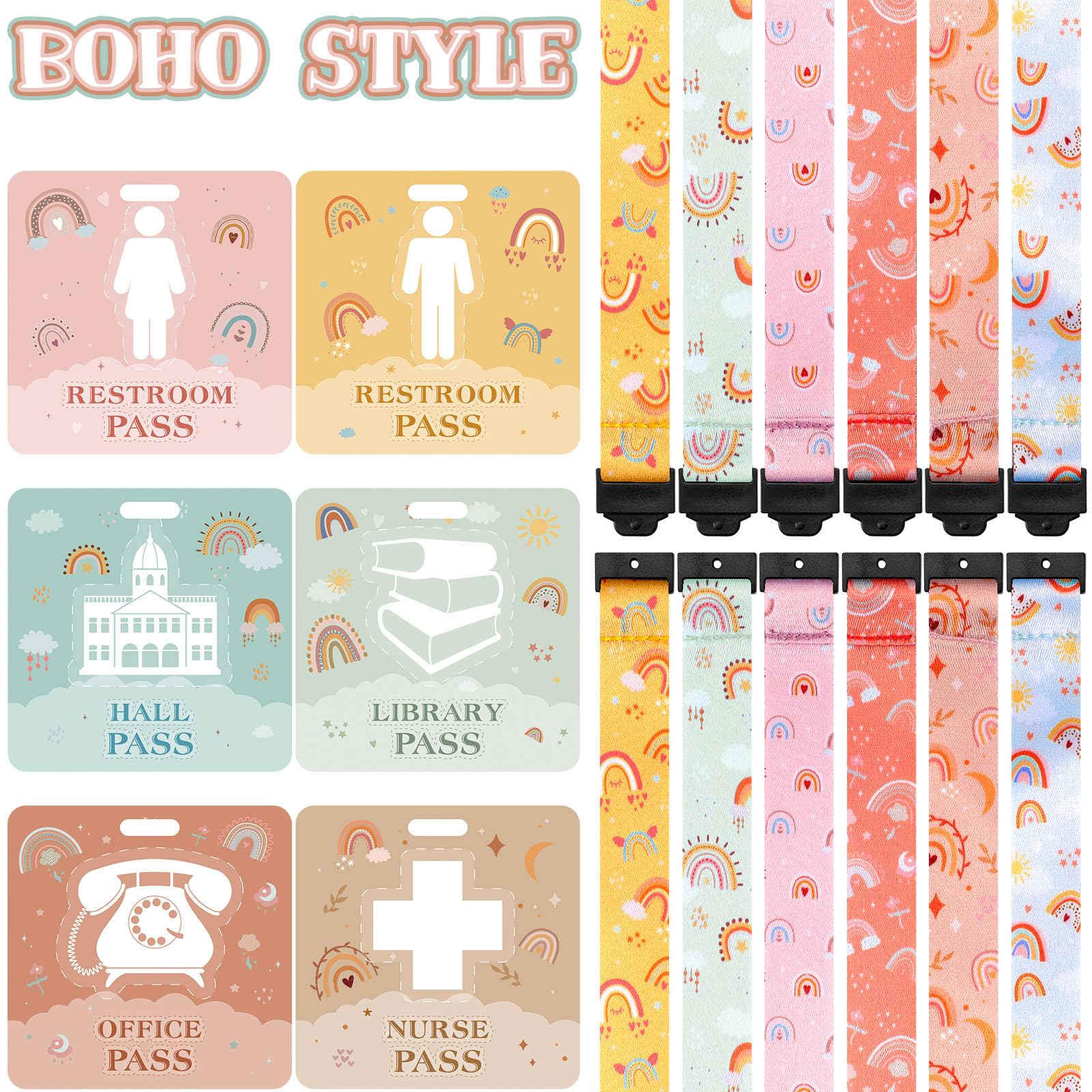 Boho Hall Pass Lanyards Set - 6 Unbreakable PVC Passes & Lanyards for Teachers, Students, Nurses - Perfect for Classroom & Office Use