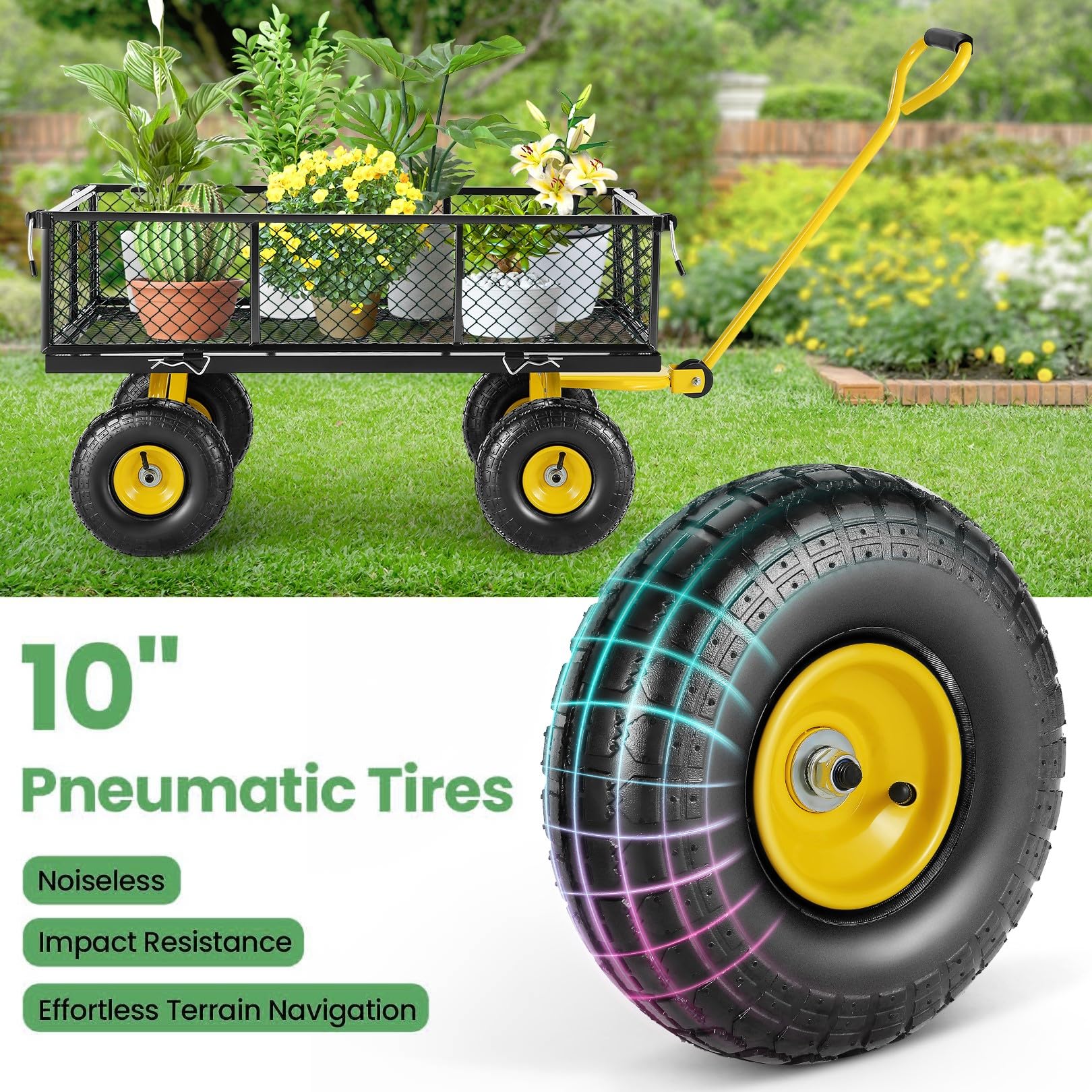 Homdox MAX 660LB Heavy Duty Foldable Garden Cart - 180° Rotating Handle Pullable Wagon with Mesh Sides | Collapsible Yard Utility Cart for Gardening, Beach, Farm & Outdoor Use | Yellow