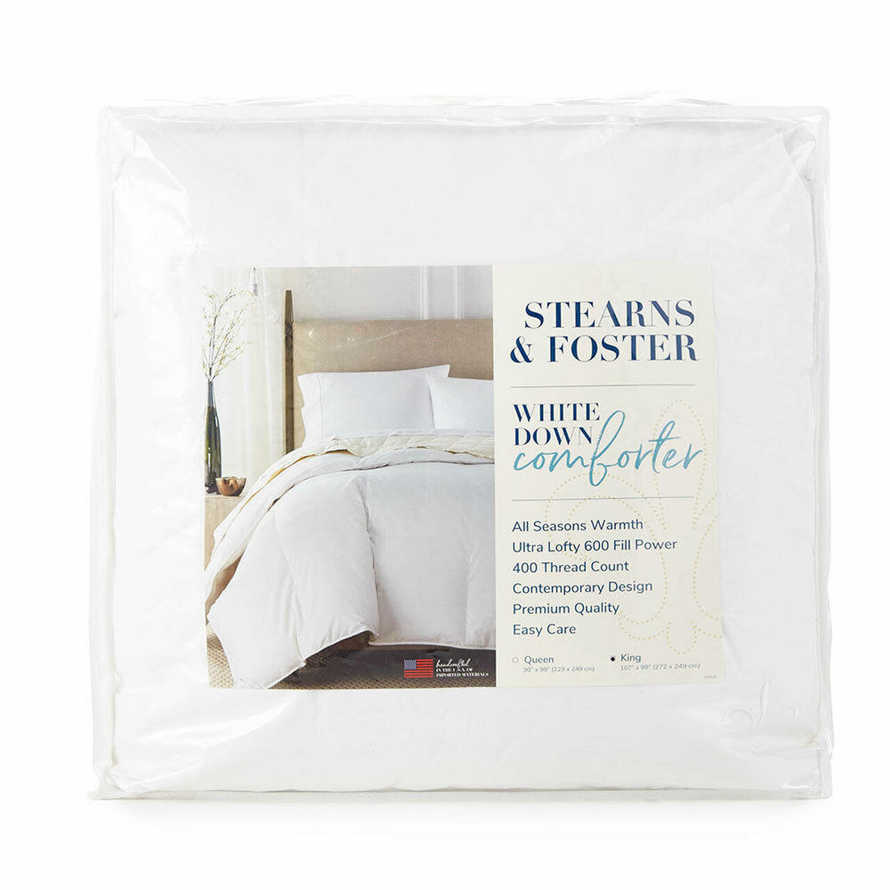 Premium Stearns & Foster White Down Comforter - All Season King/Queen Size 600 Fill Power Goose Down Duvet Insert with 400 Thread Count for Ultimate Warmth & Comfort | Perfect for Bedroom, Guest Room & Cozy Winter Nights