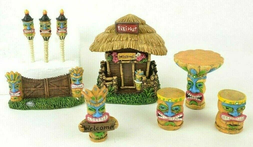 Mini Fairy Garden Decor Set - 9 Pc Miniature Tiki Figurines with Hut, Table, Chairs & Torches for DIY Fairy Gardens & Home Decor
