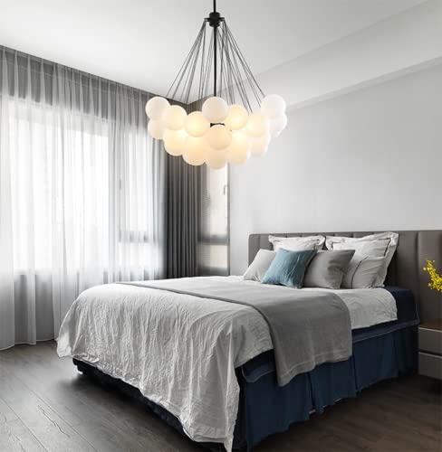 Modern Stylish Bubble Ball Chandelier - 37-Light Ivory Glass LED Pendant Light for Dining Room, Restaurant & Living Room - Elegant Black Hanging Lamp for Home Decor & Commercial Spaces