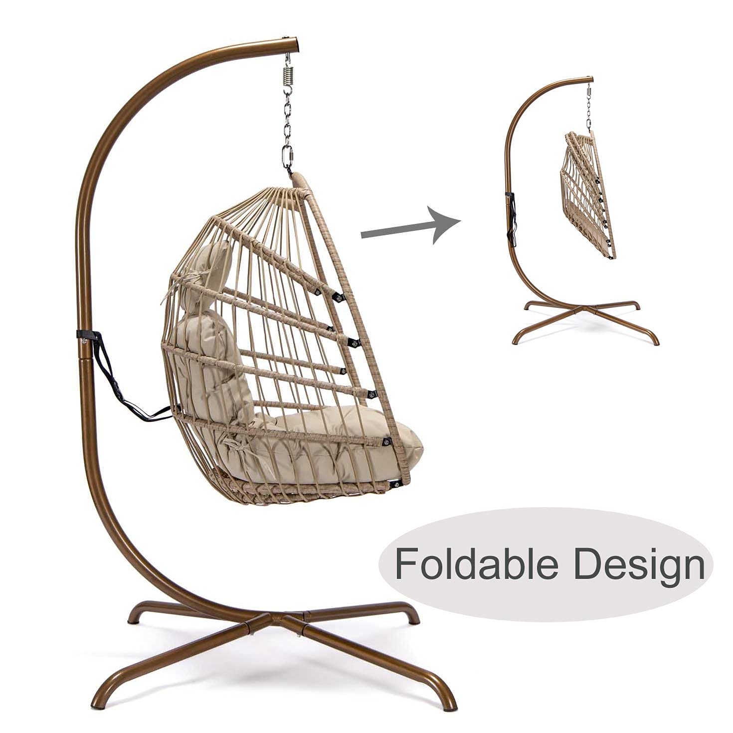 NICESOUL Indoor/Outdoor Wicker Hanging Egg Chair with Stand - 350lbs Capacity Patio Swing Hammock with Cushions & Cover - Sturdy Porch Swing for Backyard, Balcony, Garden (Beige) - Perfect for Relaxing, Reading & Lounging