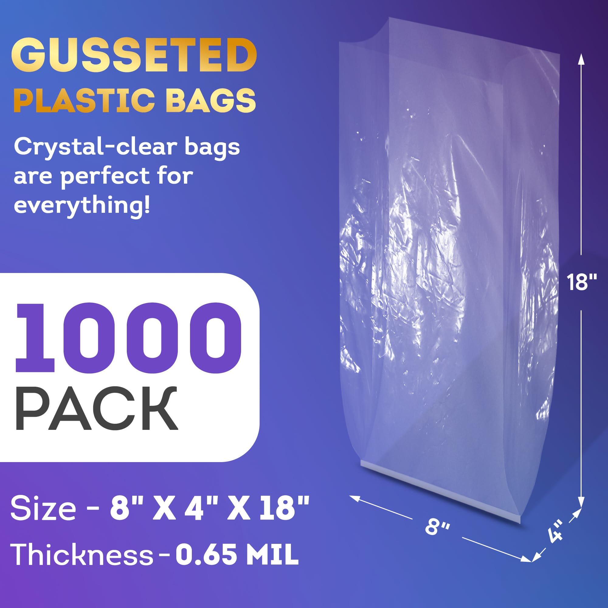 APQ Clear Plastic Bread Bags for Homemade Bread - 8x4x18 Inch 1000 Pack - 0.65 Mil Polyethylene Gusseted Storage Bags with Open Top - Water-Resistant & Reusable - Perfect for Bakery, Sandwich Storage & Freezer Use