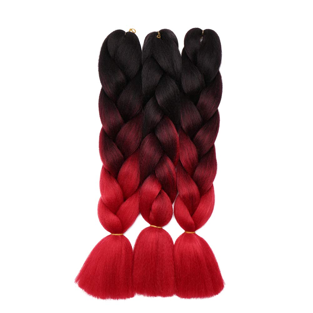 Benehair Ombre Braiding Hair 3 Bundles - 24inch Jumbo Synthetic Braid Hair Extensions for Women | Pre-Stretched High Temp Resistant Braiding Hair (Black+Wine Red+Red) | Perfect for Protective Styles, Box Braids & Crochet Hairstyles