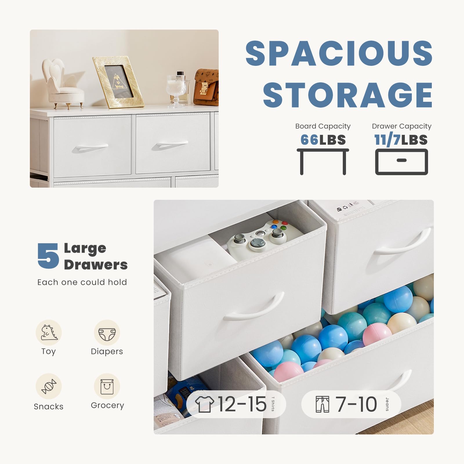 DUMOS 5-Drawer Dresser for Bedroom - Wooden Top Storage Organizer with Fabric Bins & Metal Frame - Nursery, Living Room, Kids Room, Closet Furniture - Perfect for Home Organization & TV Stand (Brown)