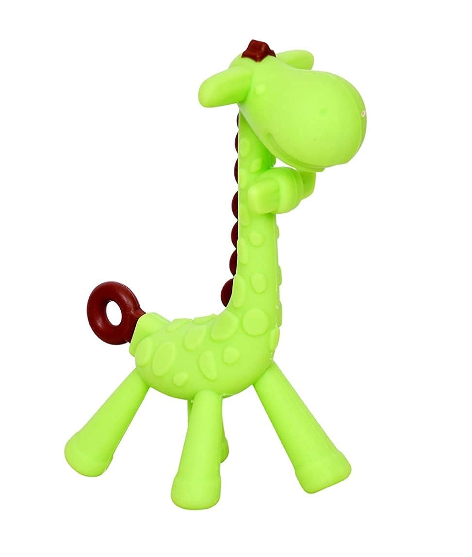 Joy Buzz Giraffe Teether & Baby Spoon Set | BPA-Free Silicone Teething Toy & Feeding Utensils | Safe Infant Chew Toy for 6+ Months | Perfect for Soothing Sore Gums & First Foods (Green & Peach) | Great for On-the-Go Feeding & Teething Relief