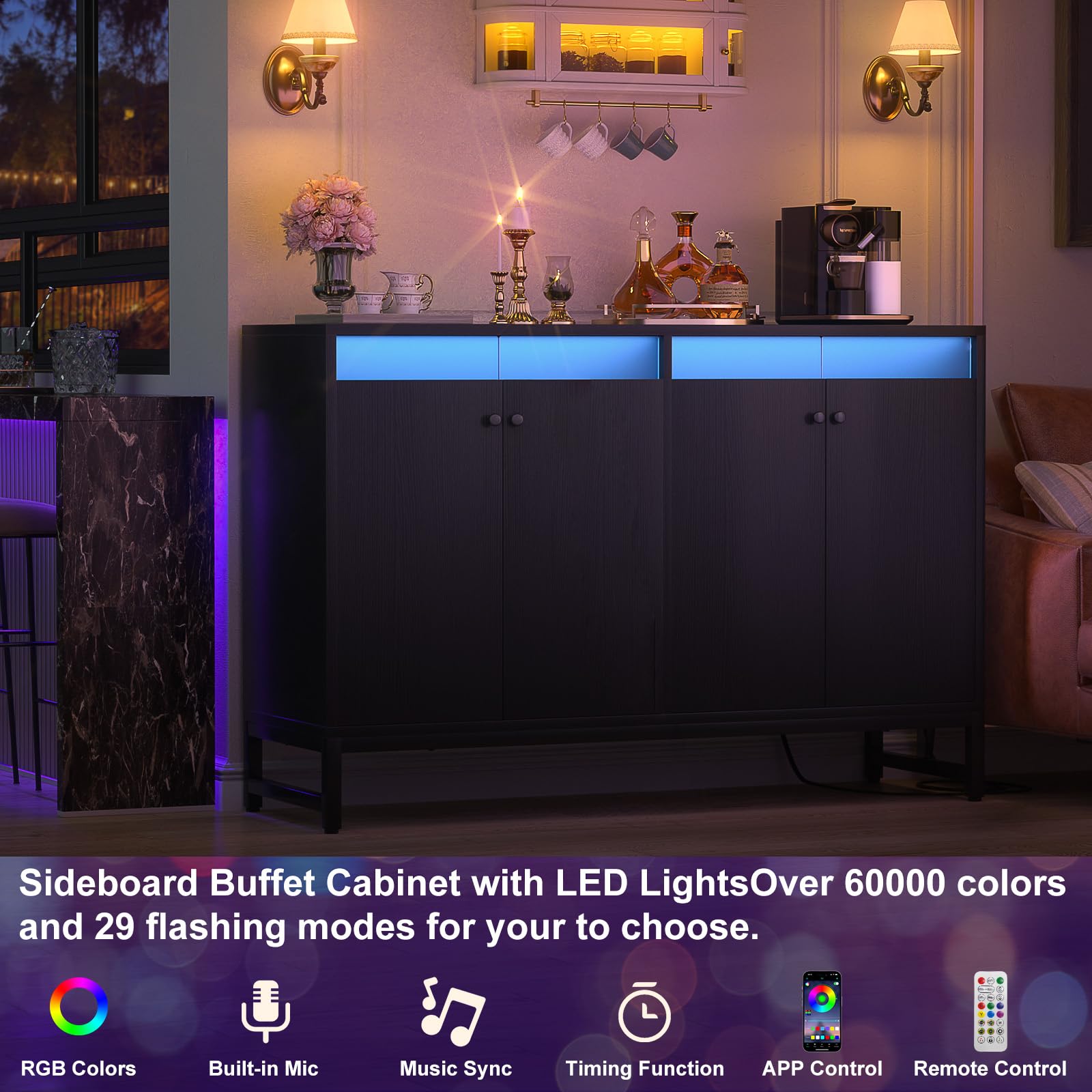 Aheaplus Modern Sideboard Buffet Cabinet with Built-in Power Outlet & LED Lighting - Kitchen Storage Cabinet with Doors - Accent Cupboard Buffet Table for Dining Room, Living Room, Hallway - Perfect for Entertaining Guests & Organizing Dishes (Black)