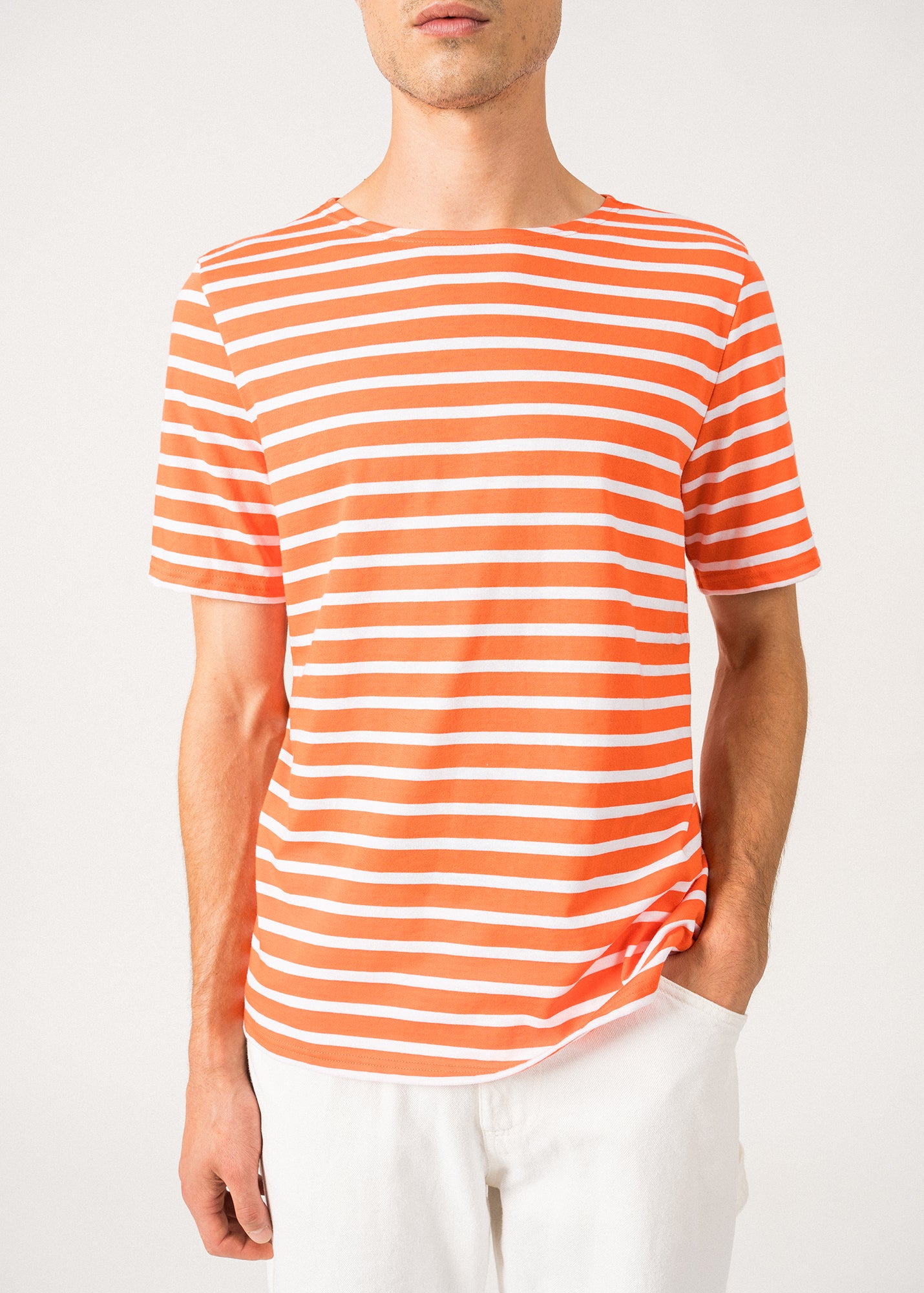 LEVANT MODERN Breton Stripe Short Sleeve Shirt - Soft Cotton Unisex T-Shirt in Orange & White | Casual Wear, Beach Outfit, Summer Fashion