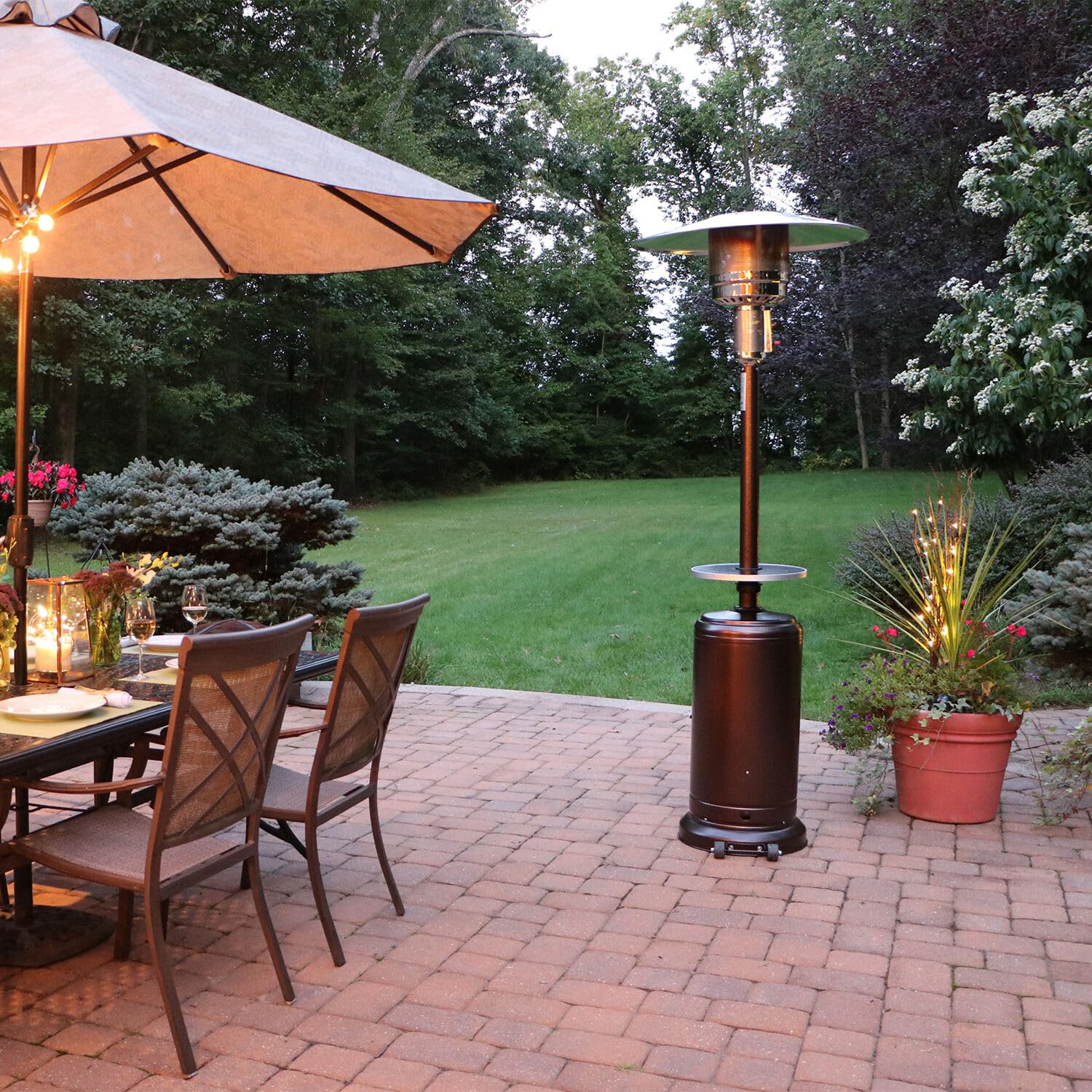 48,000 BTU Hanover Outdoor Propane Patio Heater - 7ft Tall with Wheels, Push Button Ignition & Adjustable Temperature for Backyard, Deck, Restaurant & Outdoor Events (Hammered Bronze Finish) - Perfect for Winter Gatherings, Alfresco Dining & Commercial Use
