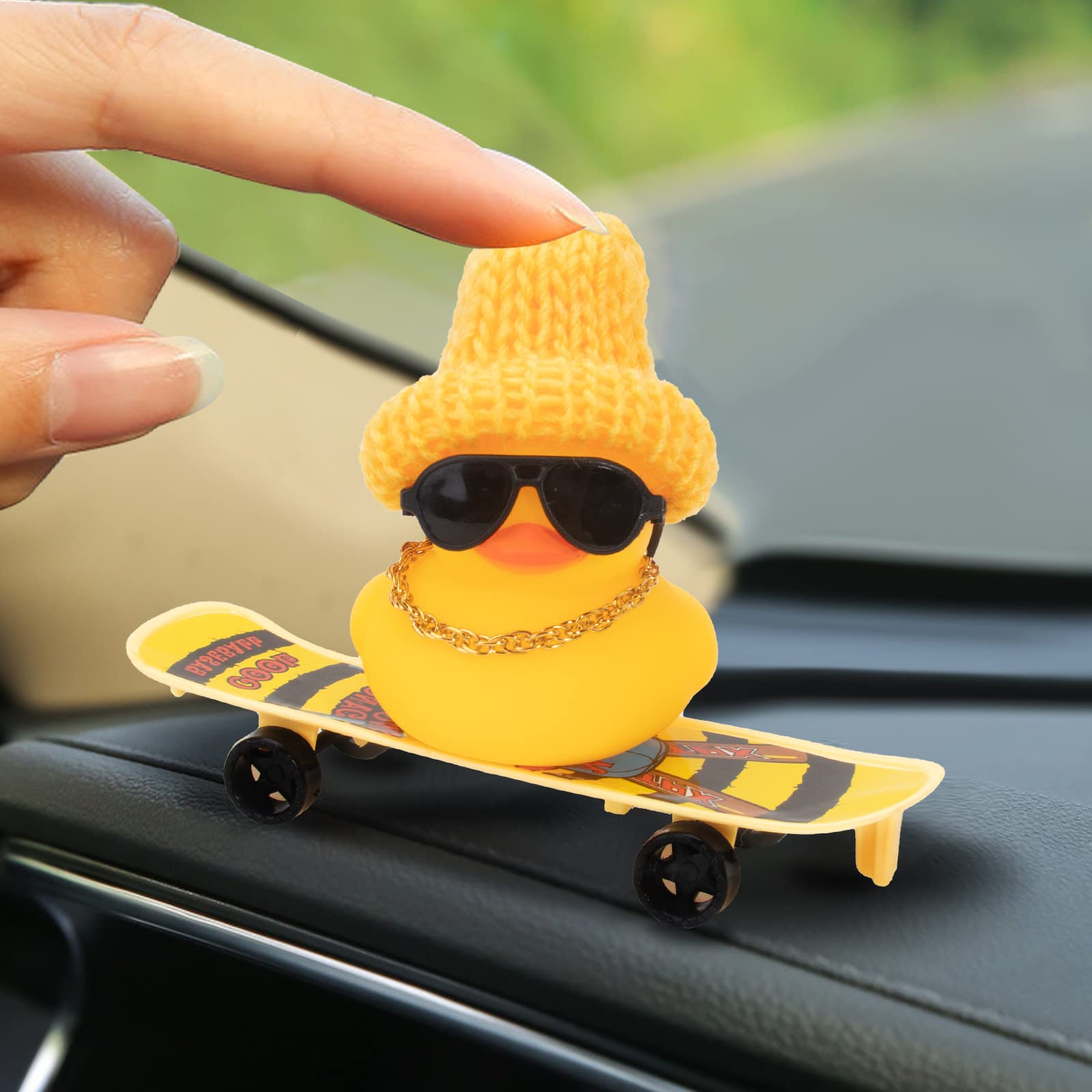 Wonuu Rubber Duck Car Dashboard Ornament - Cute Mini Duck Decor with Hat, Necklace, Sunglasses, Chair & Skateboard Accessories | Fun Car Interior Decoration for Dashboard, Office Desk, or Gift Idea