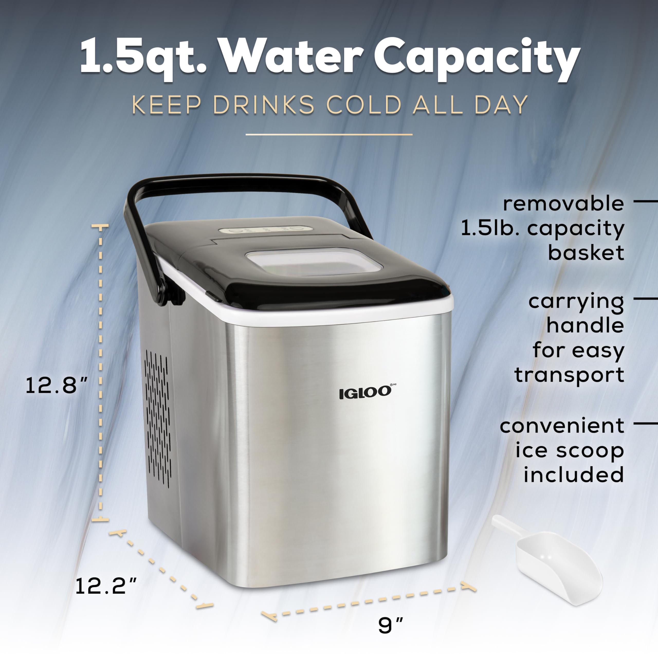 Igloo Automatic Self-Cleaning Portable Electric Countertop Ice Maker Machine - 26 lbs/24H, 9 Cubes in 7 Mins - Stainless Steel with Ice Scoop & Basket - Perfect for Home, Office, RV, and Outdoor Parties