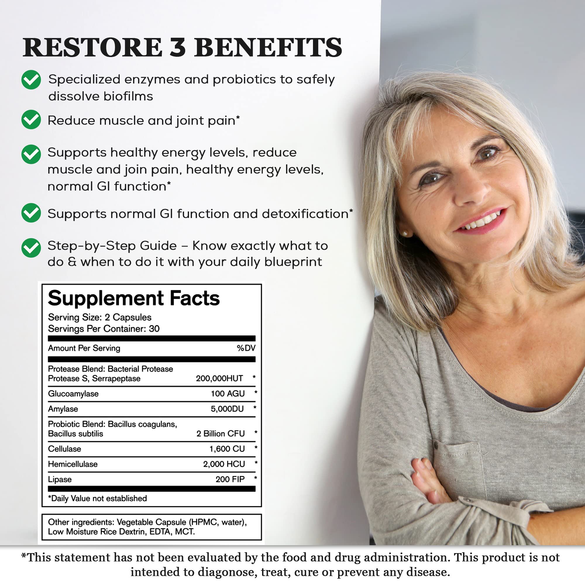 Restore 3 Proteolytic Enzyme & Spore Probiotic Supplement - 180 Capsules - Supports Digestive Health, Gut Flora Balance, Joint & Muscle Comfort - Biofilm Disruption Formula - Ideal for GI Wellness, Fibromyalgia Relief & Daily Immune Support