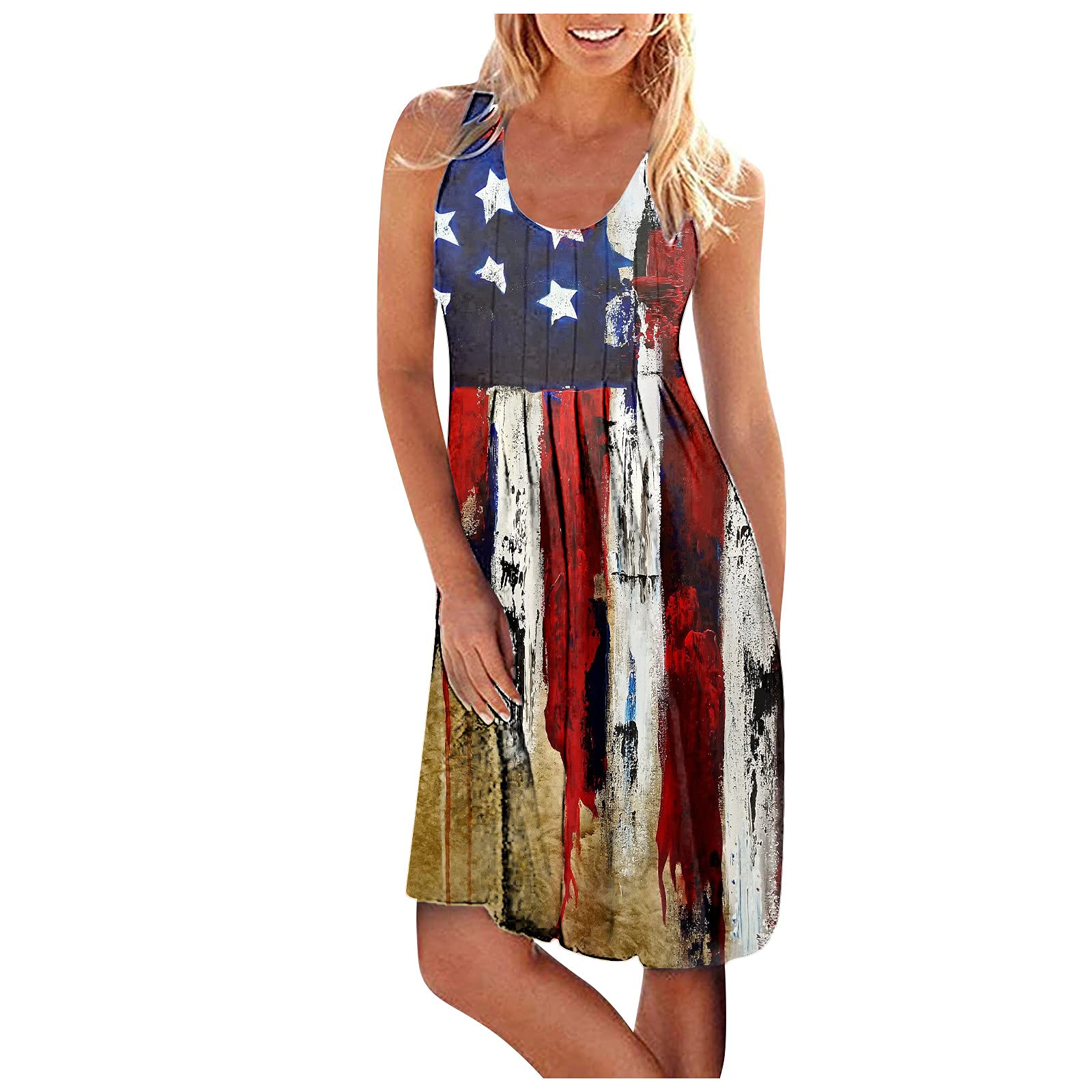 Women's Summer Casual Boho Maxi Dress - Round Neck, Fold Flag Print, Adjustable Waist Belt - Beach Cover Up, Vacation Outfit, Music Festival Wear (Style S56-1453)