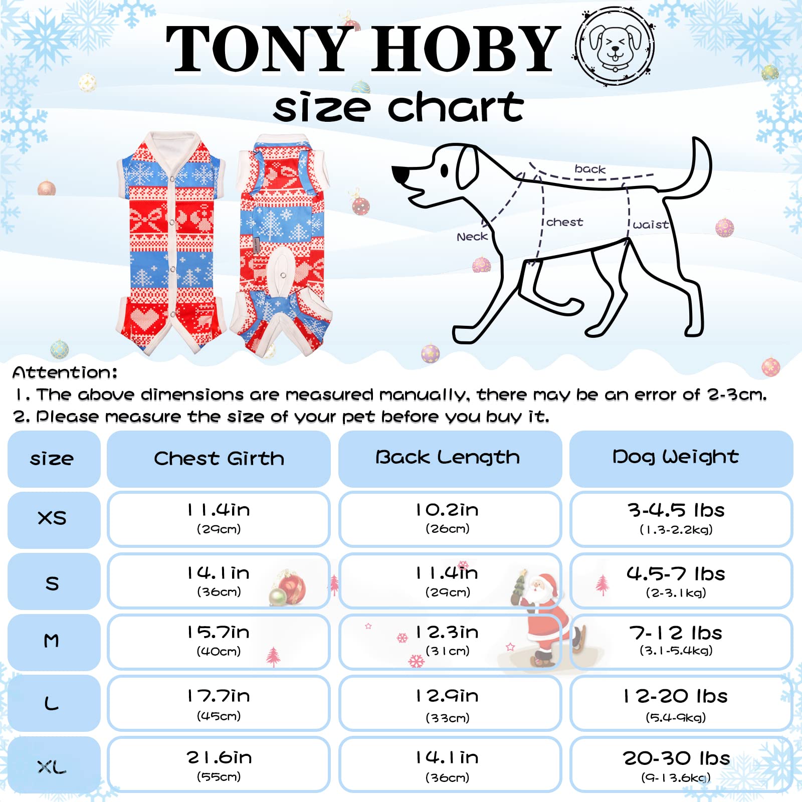 TONY HOBY Dog Pajamas - Warm Snoeflake Pattern Dog Jumpsuit for Small & Medium Dogs - Cozy Winter Dog Shirts for Puppies (Red & White, Boy, XS) - Perfect for Indoor Sleeping & Cold Weather Outings