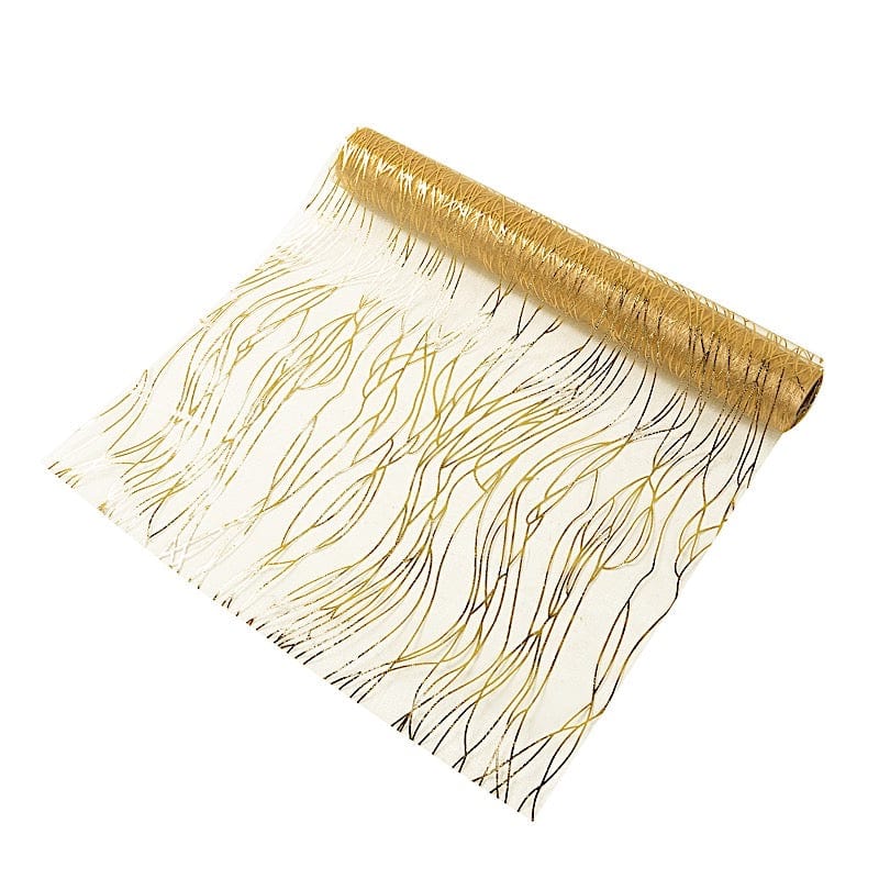 5 Elegant Organza Table Runners with Metallic Foil Wave Design - Perfect for Weddings, Parties, and Holiday Decorations