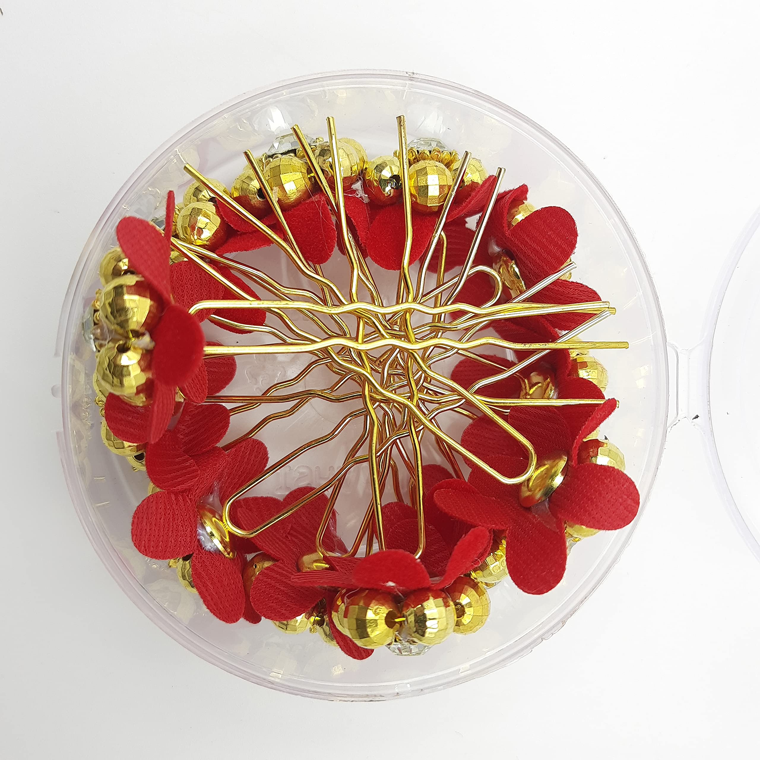 Elegant Golden Pearl & Red Flower Crystal Hair Pins for Bridal Wedding Jewelry – Pack of 12 | Perfect for Bridesmaids, Prom, and Special Occasions