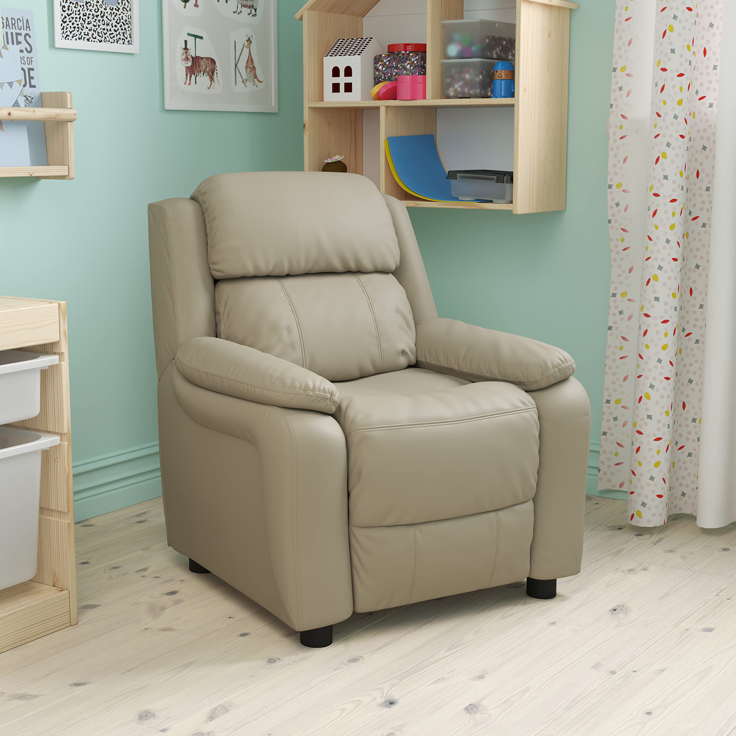 BizChair Deluxe Padded Beige Vinyl Kids Recliner with Storage Arms - Comfortable Children's Chair for Bedroom, Playroom & TV Watching - Perfect Gift for Boys & Girls