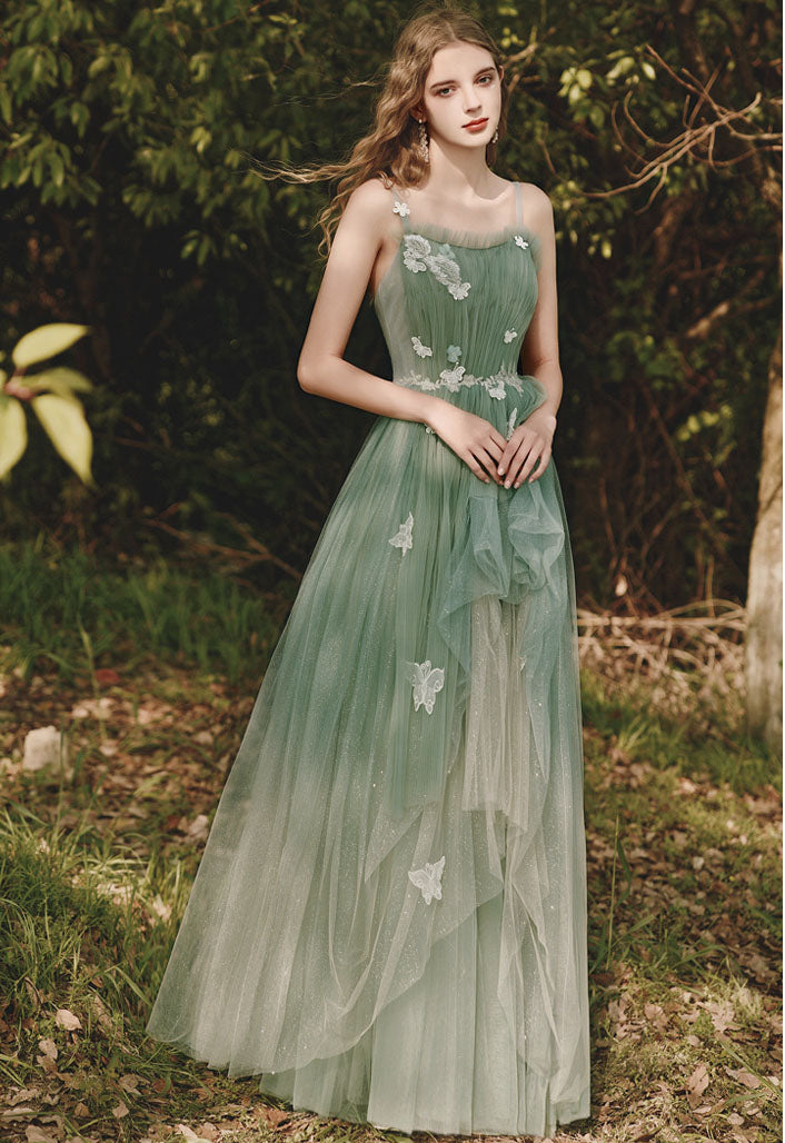 Elegant Green Tulle Spaghetti Strap Long Prom Dress - A-Line Fairy Formal Party Gown for Homecoming, Quinceañera & Evening Events