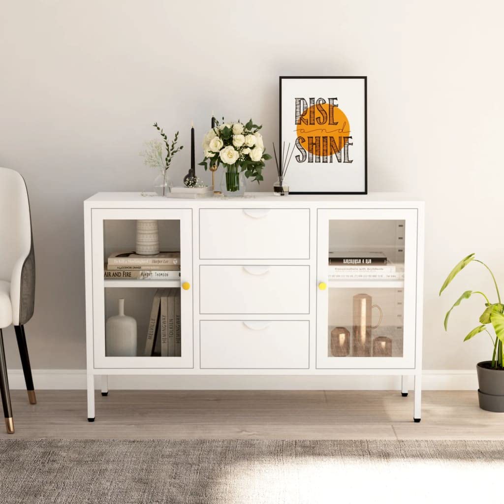FAMIROSA White Steel Sideboard Cabinet with 3 Drawers & 2 Adjustable Shelves - 41.3