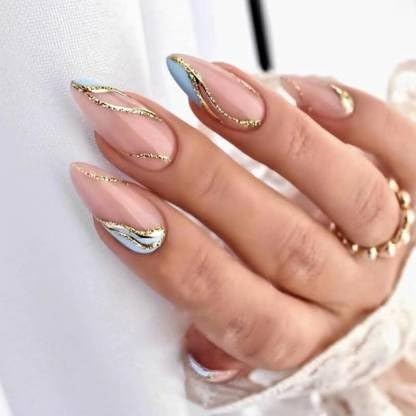 24pcs Pink & Blue Artificial Nails - Reusable Press on Nails with Gold Accents for Women | Perfect for Parties, Weddings, Date Nights & Special Occasions