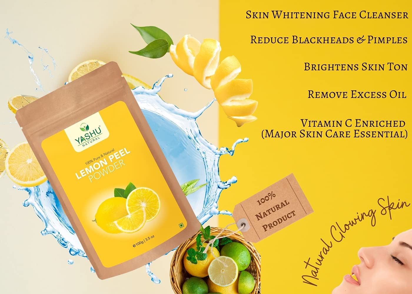 YASHU Pure Lemon Peel & Orange Peel Face Pack Powder for Oily Skin - Deep Pore Cleansing & Brightening Facial Treatment (200g) | Natural Exfoliator for Acne-Prone Skin, Blackhead Removal & Glowing Complexion | Perfect for Daily Skincare Routine & Spa Day at Home