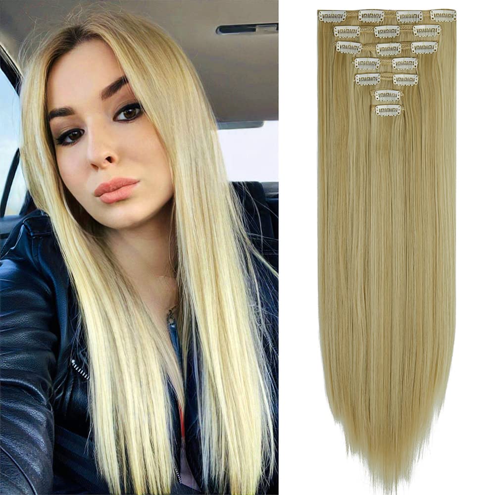 OMGREAT 23 Inch 7-Piece Clip-in Hair Extensions for Women - Long Straight Thick Human Hair Weft (16 Clips) Natural Black - Perfect for Volume, Length & Styling for Parties, Weddings & Daily Wear