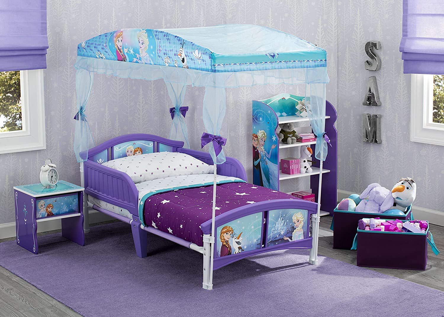 Delta Children Disney Frozen Toddler Bed with Canopy & Twinkle Galaxy Dual-Sided Toddler Mattress Bundle - Eco-Friendly Recycled Fiber Core for Kids' Bedroom Decor & Princess Themed Nursery