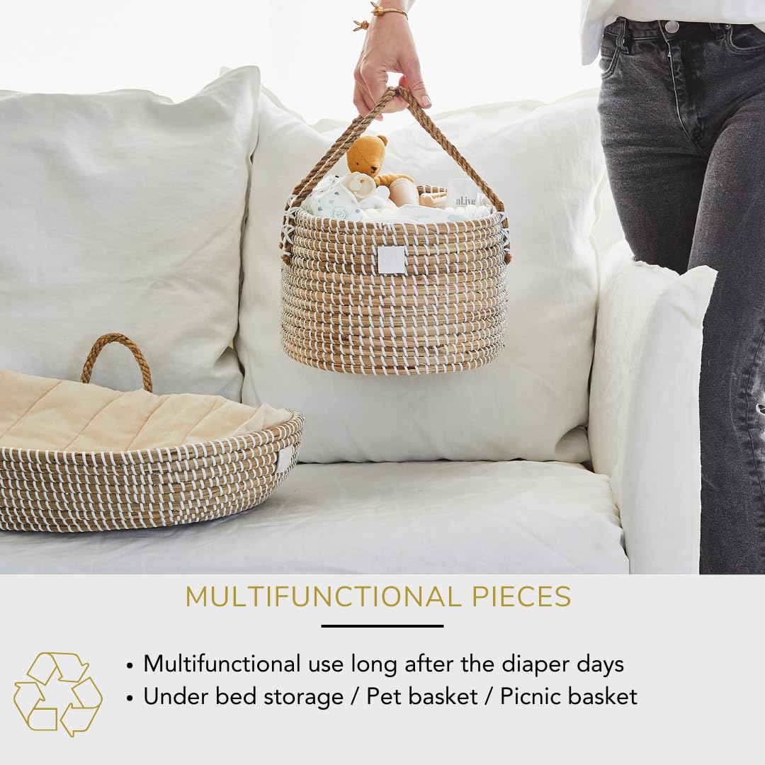 Premium Baby Changing Basket - Handwoven Seagrass Nursery Organizer with Rope Handles - Complete Diaper Changing Set for Dresser | Natural & Eco-Friendly | Perfect for Newborn Care & Nursery Organization
