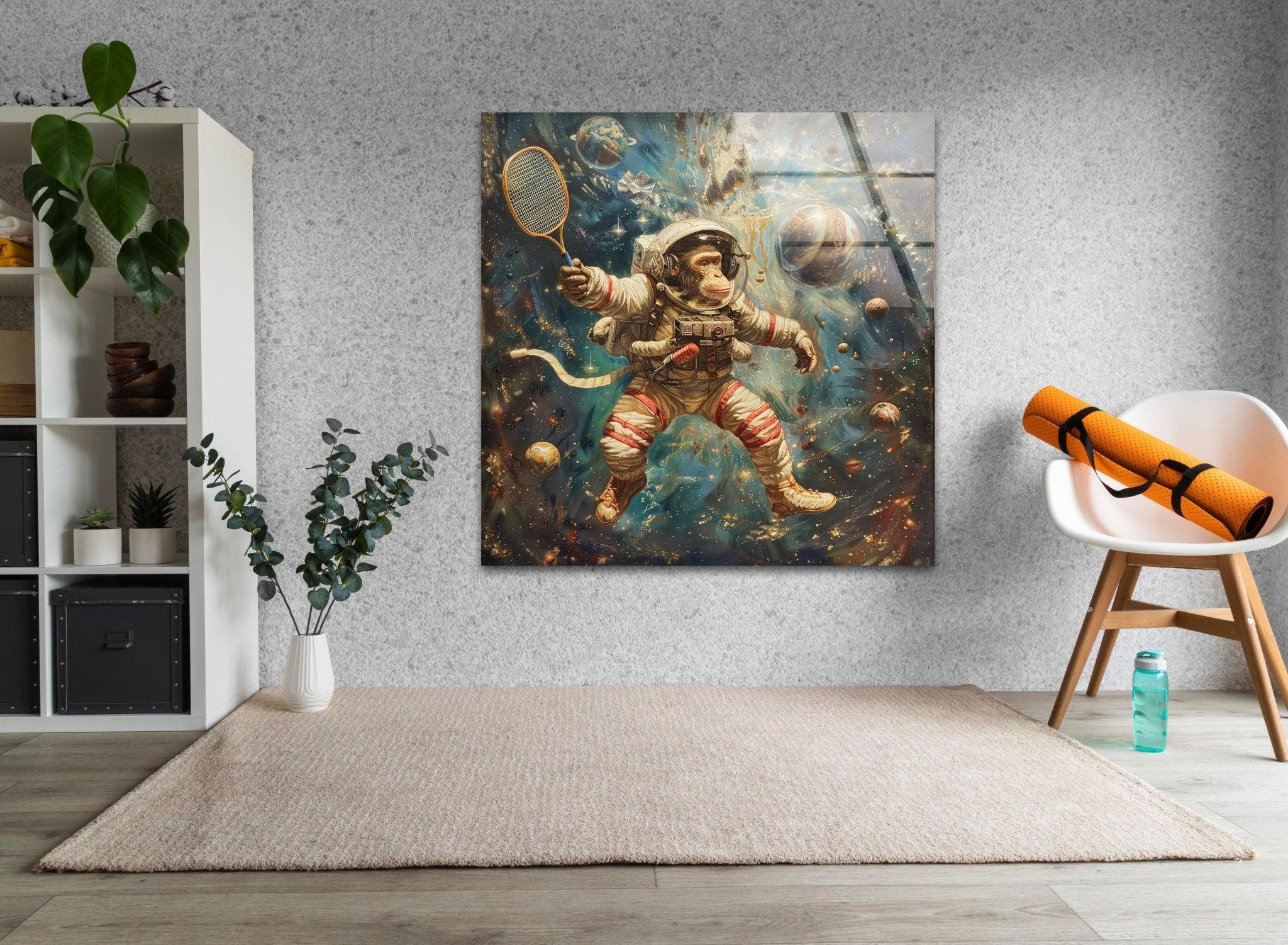Astronaut Monkey Glass Wall Art - Unique Space Themed Home Decor for Living Room, Bedroom & Office - Perfect Gift for Sci-Fi & Space Lovers