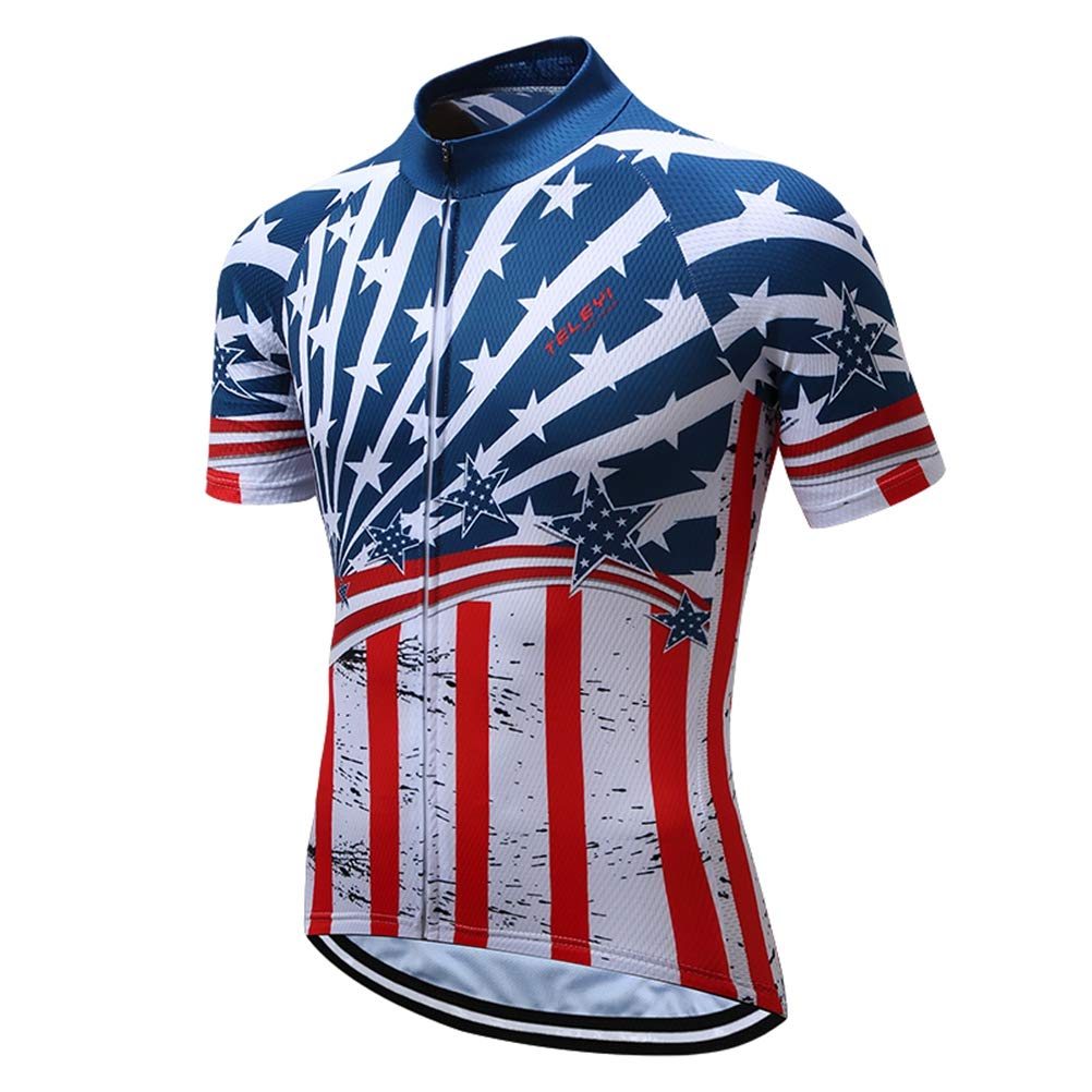 USA Style Men's Bike Jersey - Breathable Cycling Shirt for Road & Mountain Biking - Star Blue - Size L (Chest 36-38.5