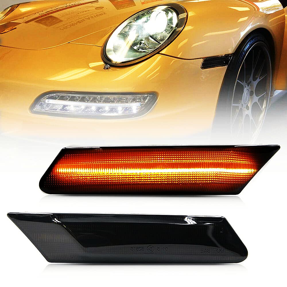 NSLUMO Smoked Lens Amber LED Side Marker Lights for 2006-2012 Porsche Cayman Boxster 987 & 911 997 Carrera - Front Bumper Marker Assembly - Upgrade Your Porsche's Style & Visibility (Day & Night Driving)