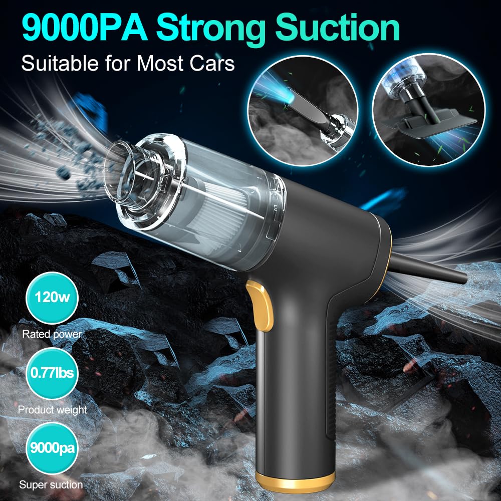 9000PA Cordless Rechargeable Car Vacuum Cleaner with Compressed Air Duster - Powerful Handheld Vacuum for Car Detailing, Home & Office Cleaning - Perfect for Pet Hair, Crumbs & Dust Removal