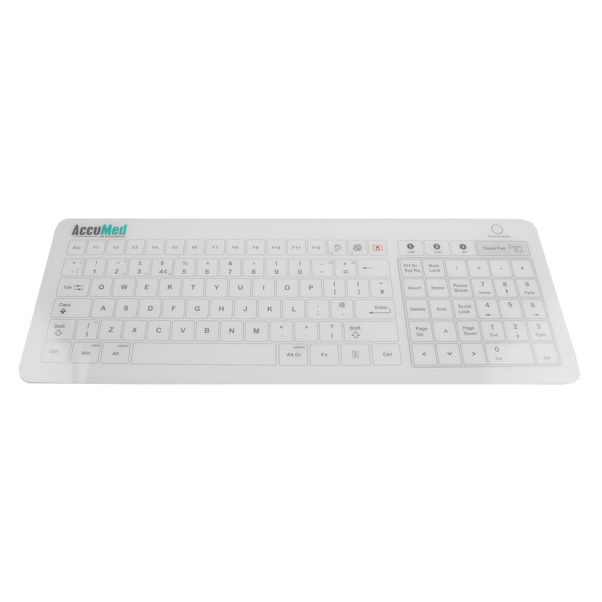 AccuMed White Glass Keyboard with Built-in Touchpad - Wired & Wireless Options for Home & Office Use