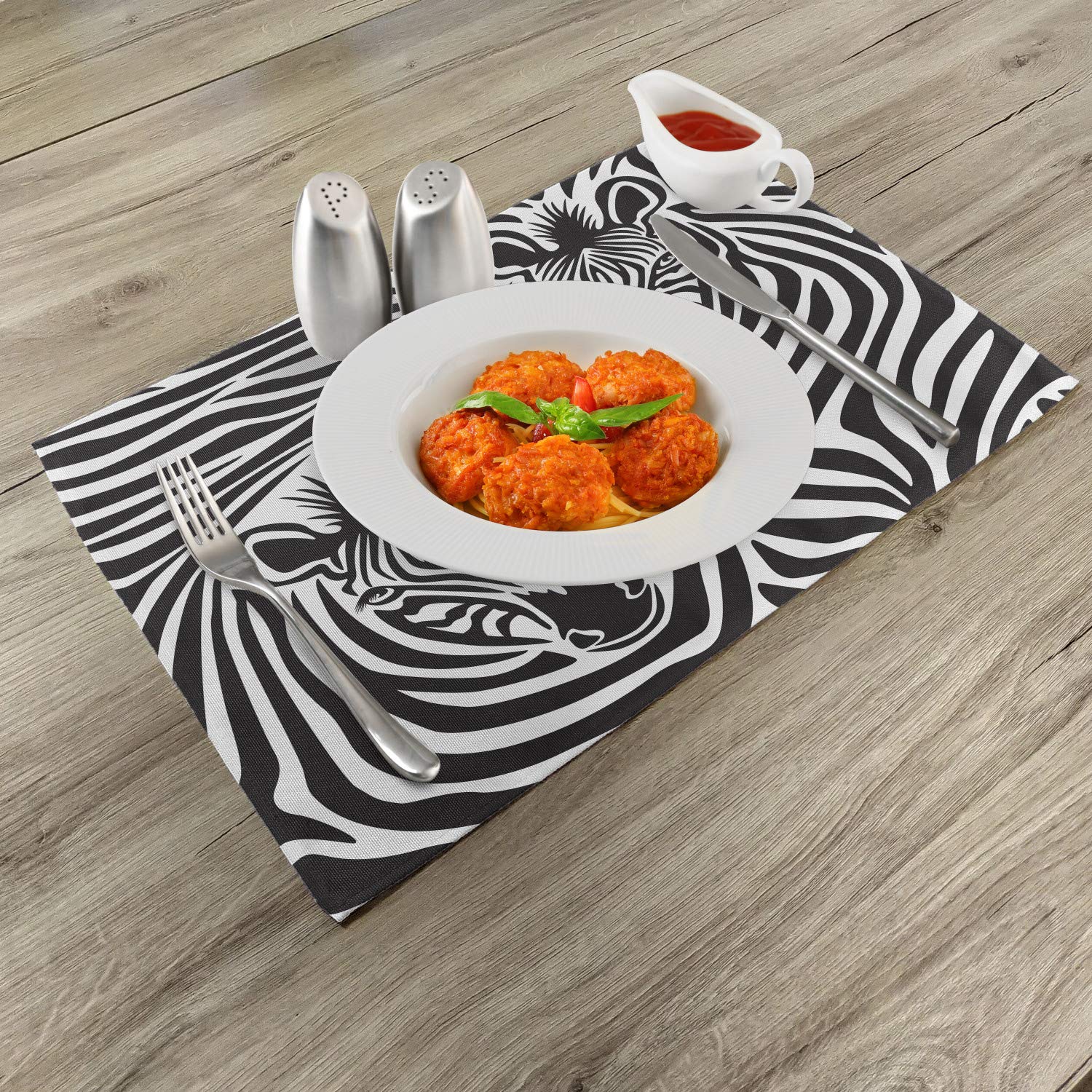 Ambesonne Savannah Place Mats Set of 4 - Modern Zebra Face & Eyes Animal Print Design - Washable Fabric Table Mats for Dining Room - Standard Size Charcoal Grey & White - Perfect for Safari Theme Parties, African Decor, and Stylish Home Dining
