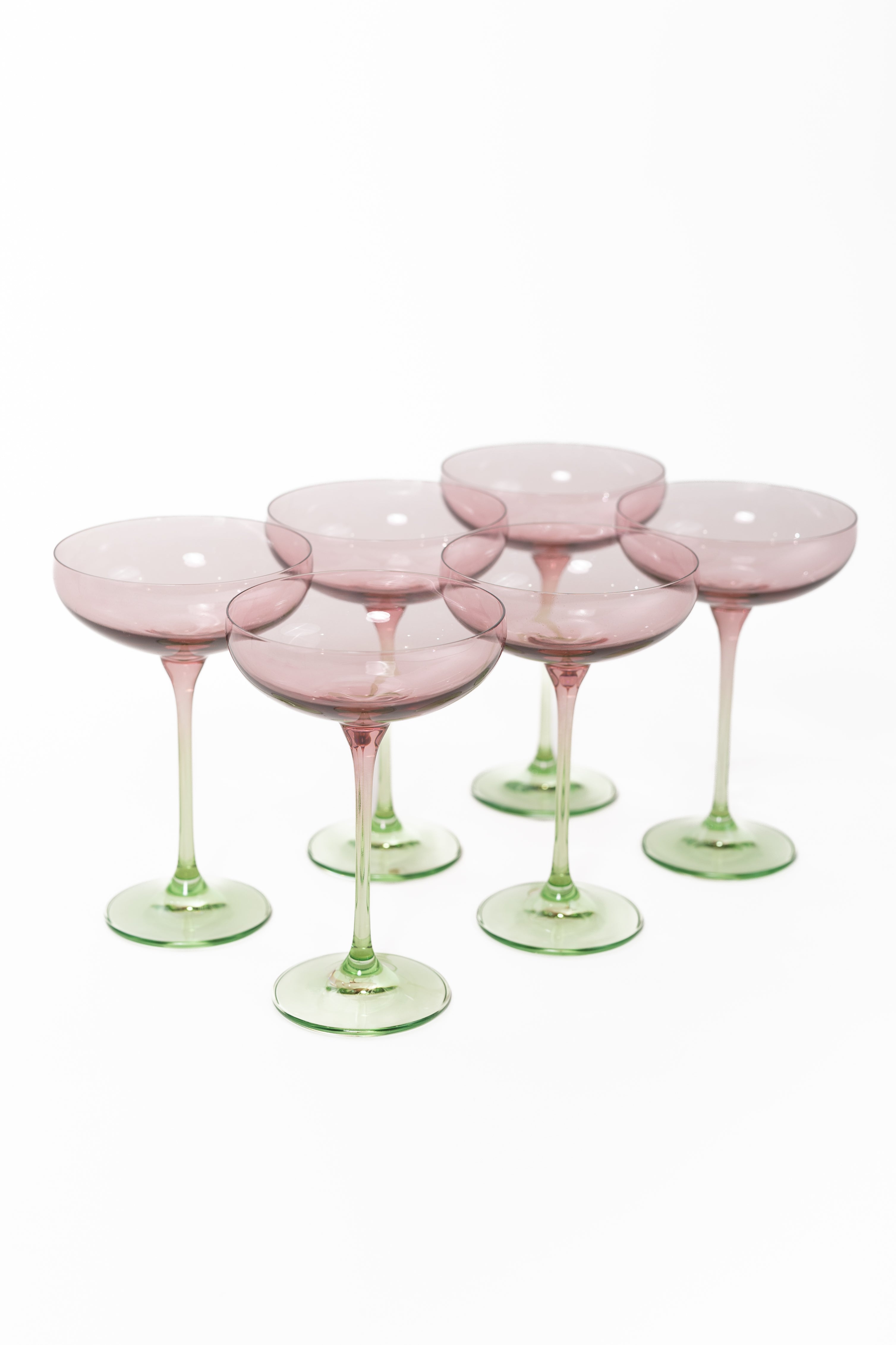 Estelle Colored Champagne Coupe Glasses Set of 6 - Rose & Mint Green Colorblock - Elegant Stemware for Wedding, Bridal Shower & Party Cocktails
