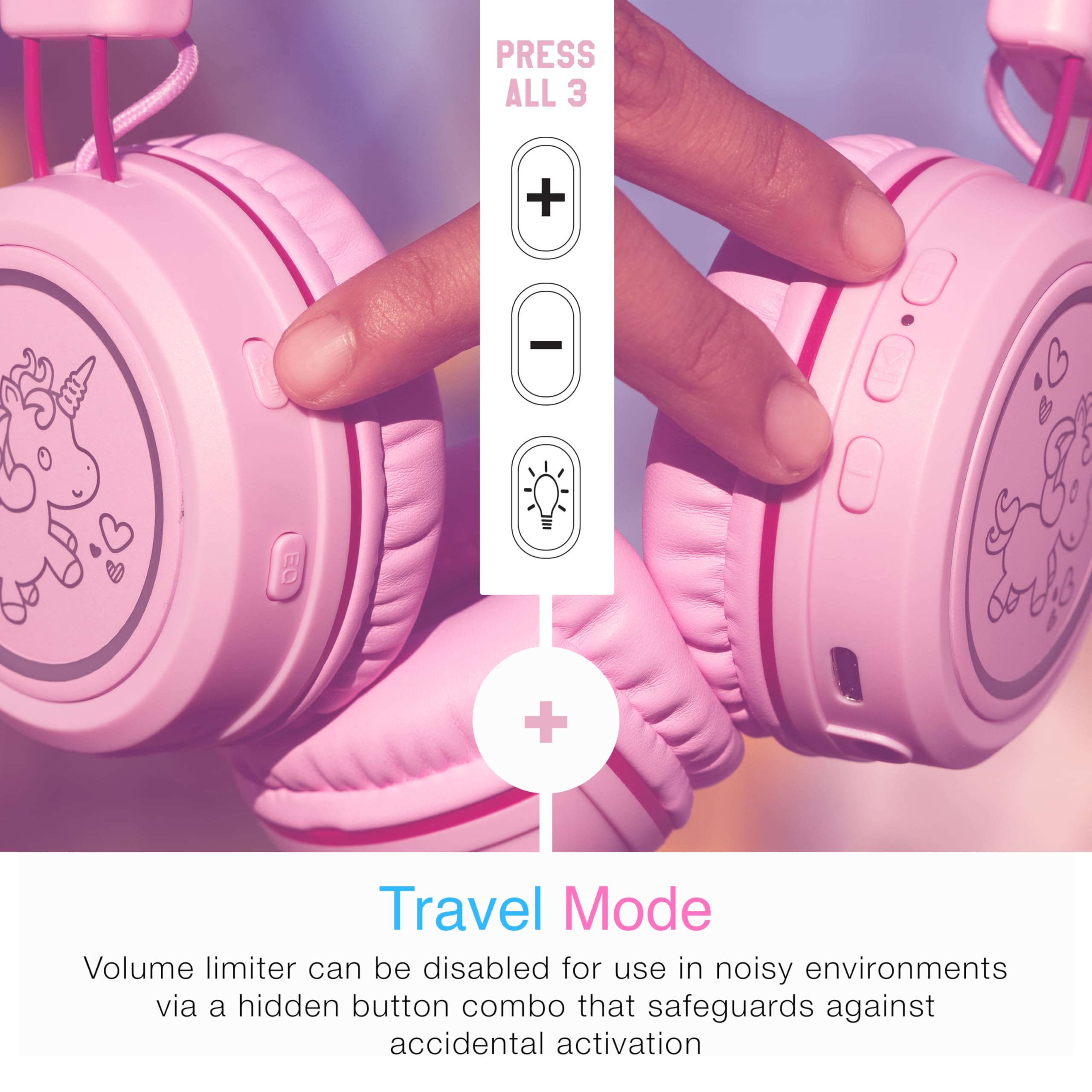 MEE audio KidJamz KJ55BT Bluetooth Wireless Kids Headphones with LED Lights - 85dB Volume Limiter, Built-in Mic & 40H Battery - Safe Listening Headphones for Children - Perfect for School, Online Learning, iPhone, iPad, Tablet & Travel (Pink)