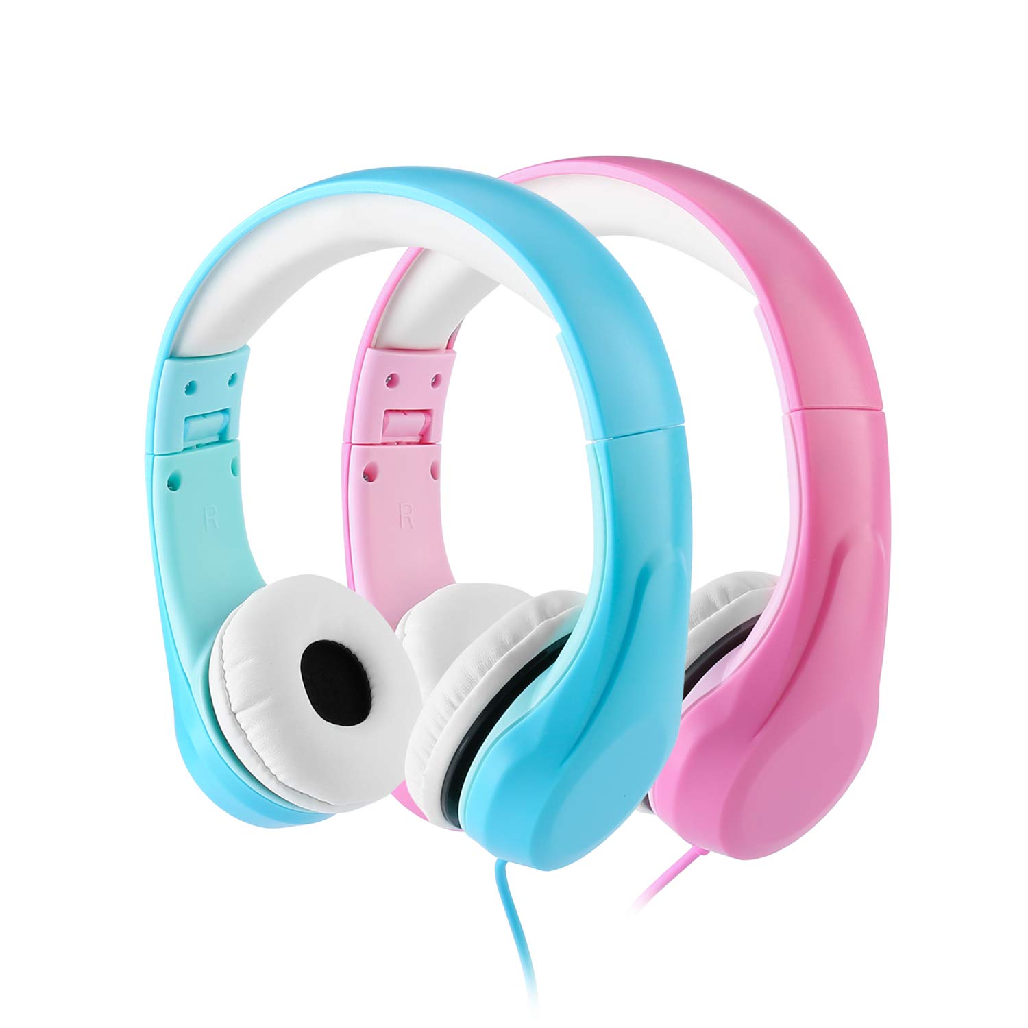 KPTEC Kids Safety Foldable Stereo Headphones with 3.5mm Jack - Volume Limited to 85dB, On/Over Ear Wired Headset for Children & Toddlers (Blue & Pink) - Perfect for iPad, Kindle, Airplane Travel & School Use